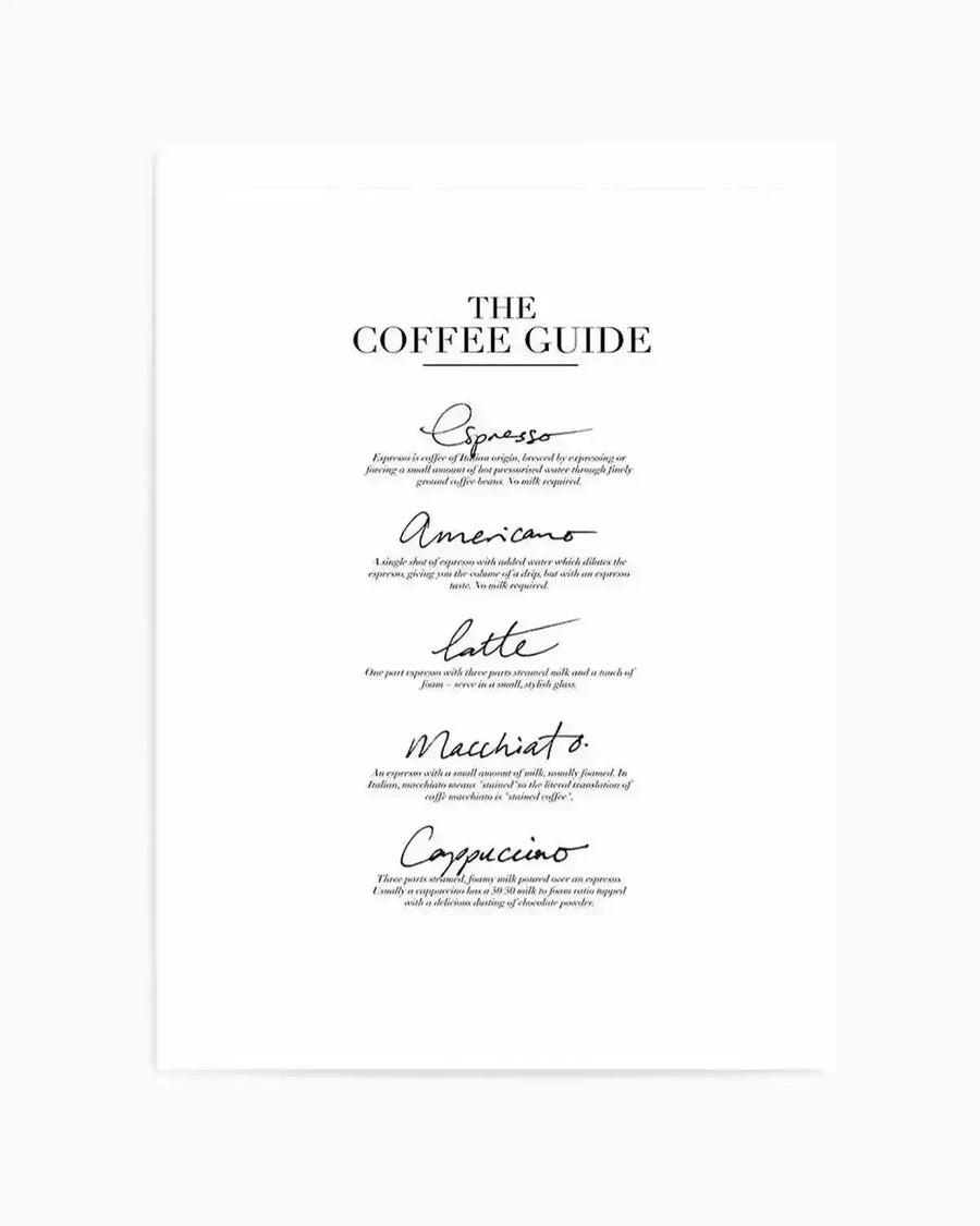 Art Print:
"Monochrome art print featuring a coffee guide with various coffee types and their descriptions in a mix of elegant serif and script fonts on a clean white background. The print details Espresso, Americano, Latte, Macchiato, and Cappuccino, with their preparation and ingredients."