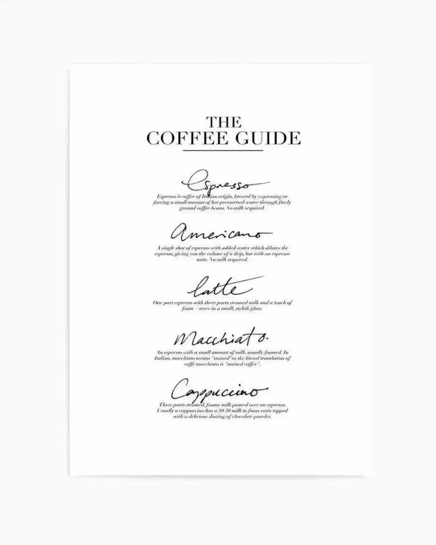 A cream-coloured art print titled "The Coffee Guide" at the top in serif lettering. Below are five coffee drink descriptions in elegant cursive script: Espresso, Americano, Latte, Macchiato, and Cappuccino. Each drink name is followed by detailed text explaining its preparation method and characteristics. The layout is centered and symmetrical with black ink on an off-white background, creating a minimalist, sophisticated design with a clean, gallery-quality aesthetic.