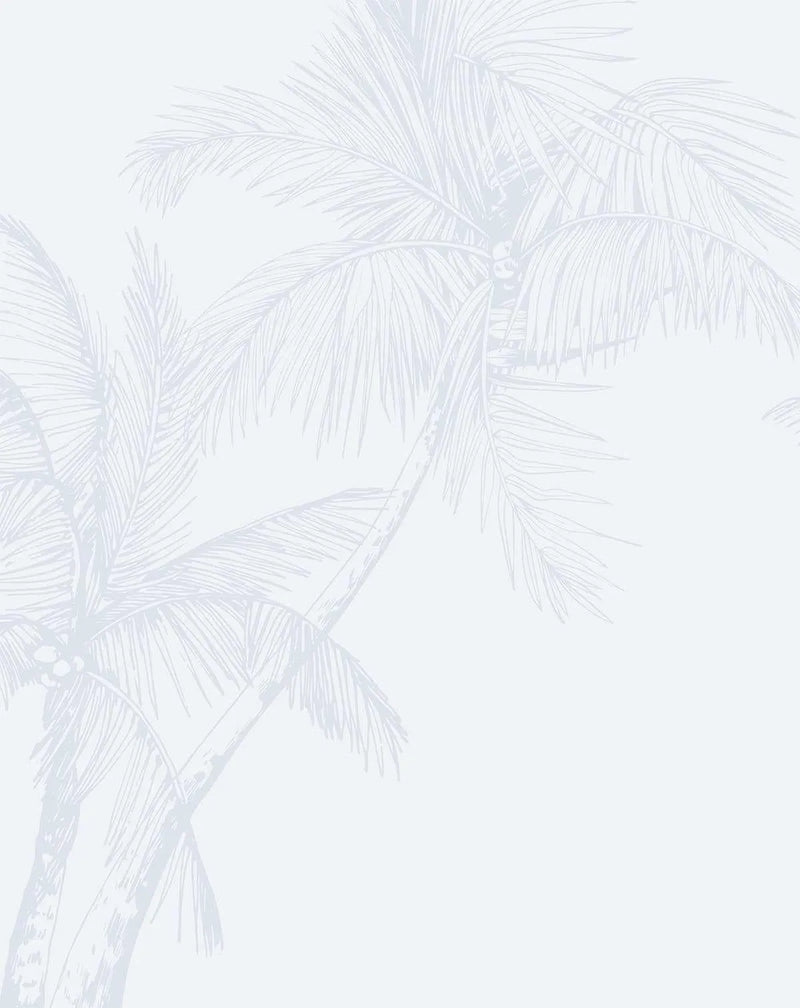 Peel and stick wallpaper featuring a repeating pattern of hand-drawn palm trees in a soft duck egg blue on a crisp white background. The tropical design has a light, airy quality with fine line illustration detail.