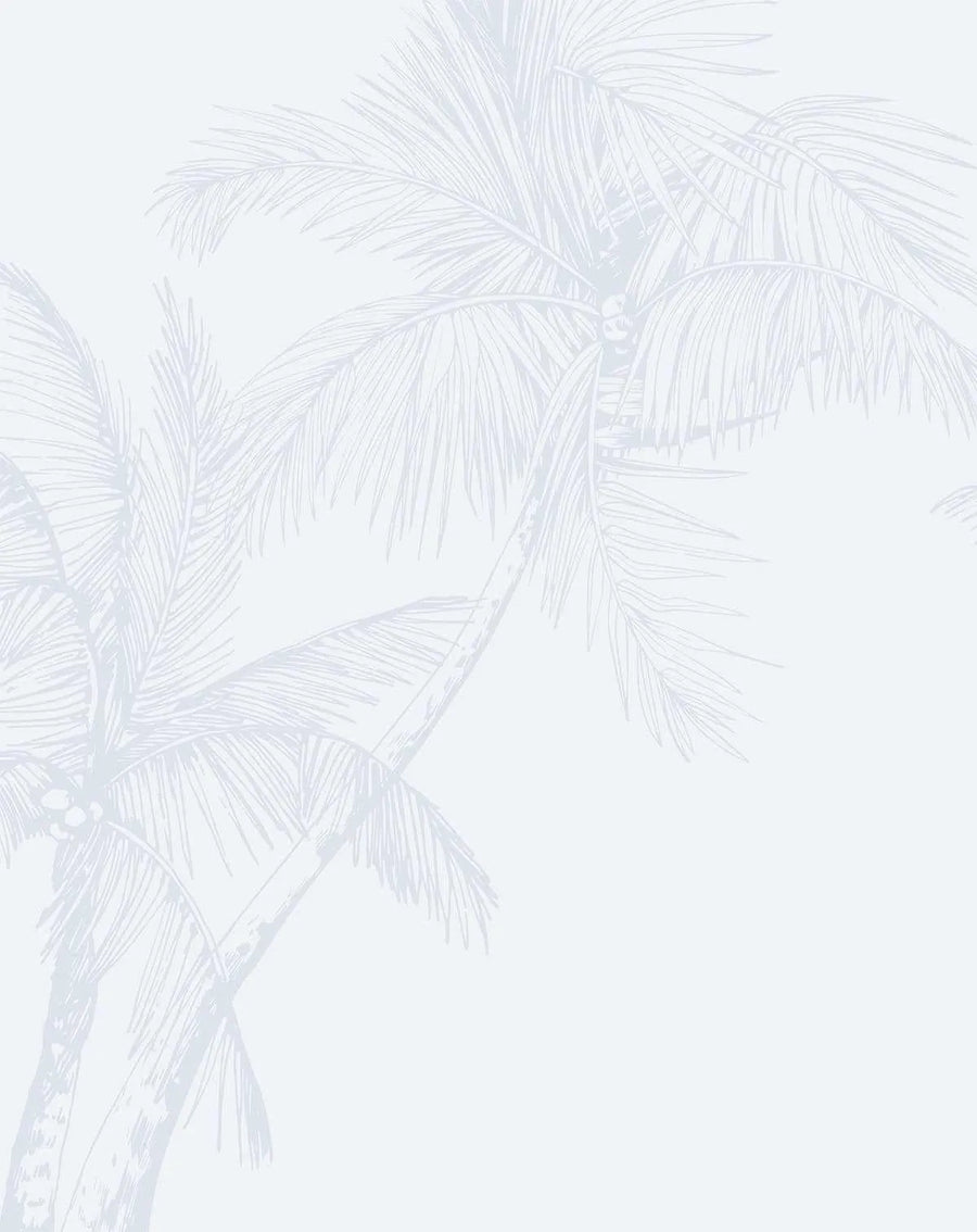 Peel and stick wallpaper featuring a repeating pattern of hand-drawn palm trees in a soft duck egg blue on a crisp white background. The tropical design has a light, airy quality with fine line illustration detail.