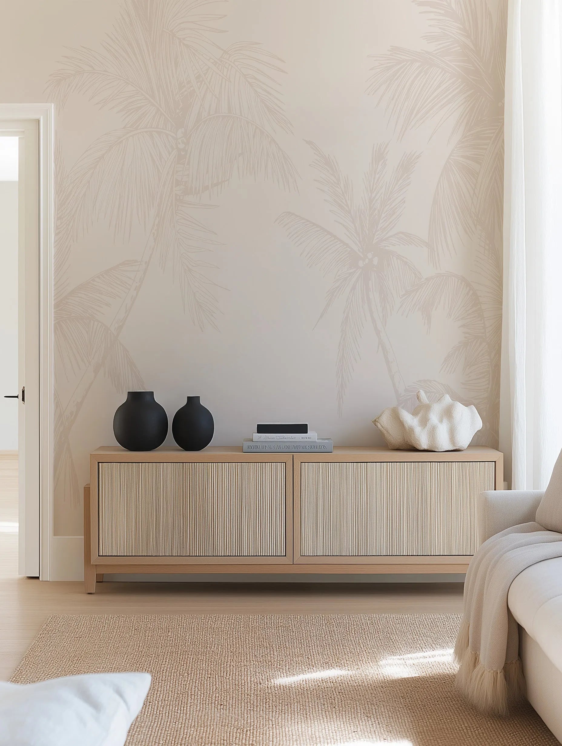 The Palms Wallpaper in Sand from Olive et Oriel where you can shop wallpaper and artworks online