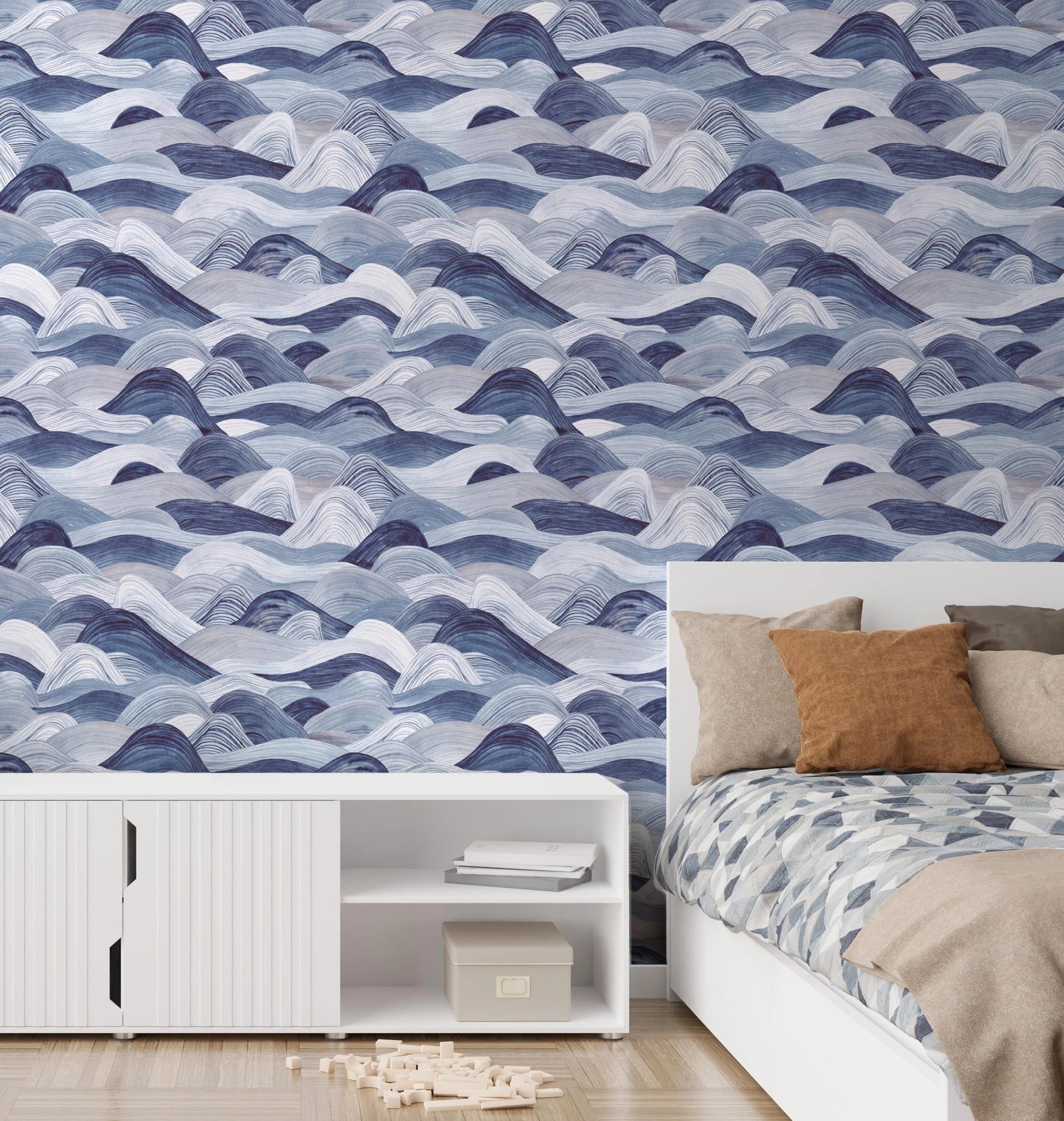 Rolling Sea in Blue Wallpaper from Olive et Oriel where you can shop wallpaper and artworks online
