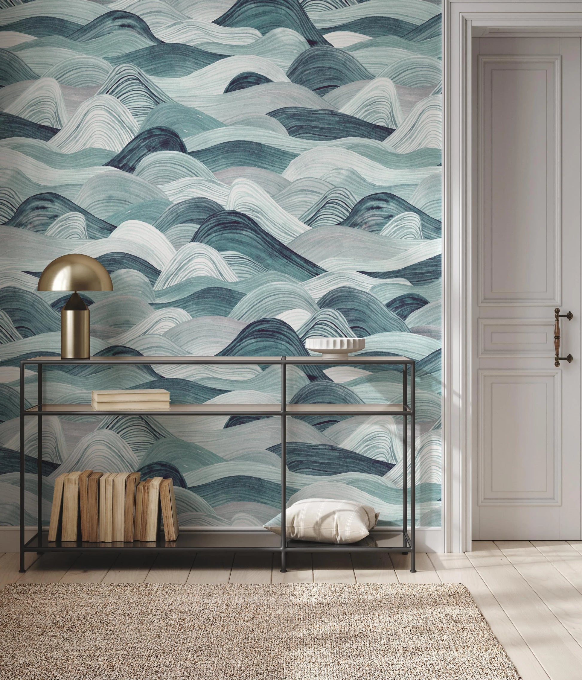 The Rolling Sea in Teal Wallpaper from Olive et Oriel where you can shop wallpaper and artworks online
