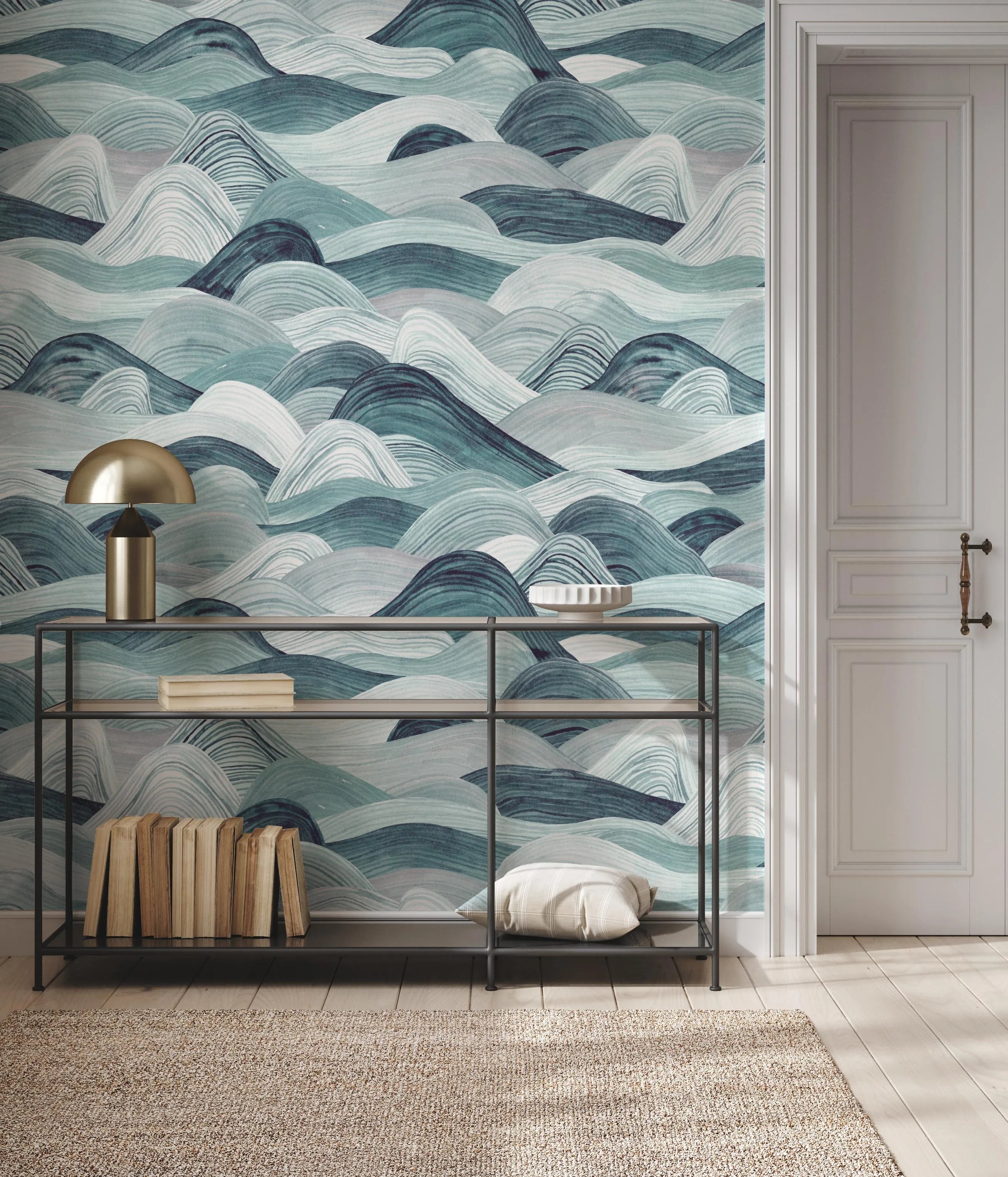 The Rolling Sea in Teal Wallpaper from Olive et Oriel where you can shop wallpaper and artworks online