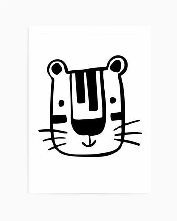 Art print featuring a minimalist black and white illustration of a tiger's face. The tiger has a rounded head, small ears, two dots for eyes, a large U-shaped nose, and a simple curved line for a mouth. Bold black stripes are visible on its forehead and cheeks, with thin whiskers extending from the sides. The illustration has a hand-drawn, graphic quality against a stark white background.