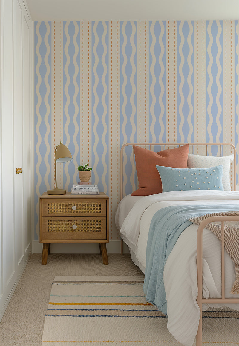 Wavy Tides in Blue By the Roll Wallpaper from Olive et Oriel where you can shop wallpaper and artworks online