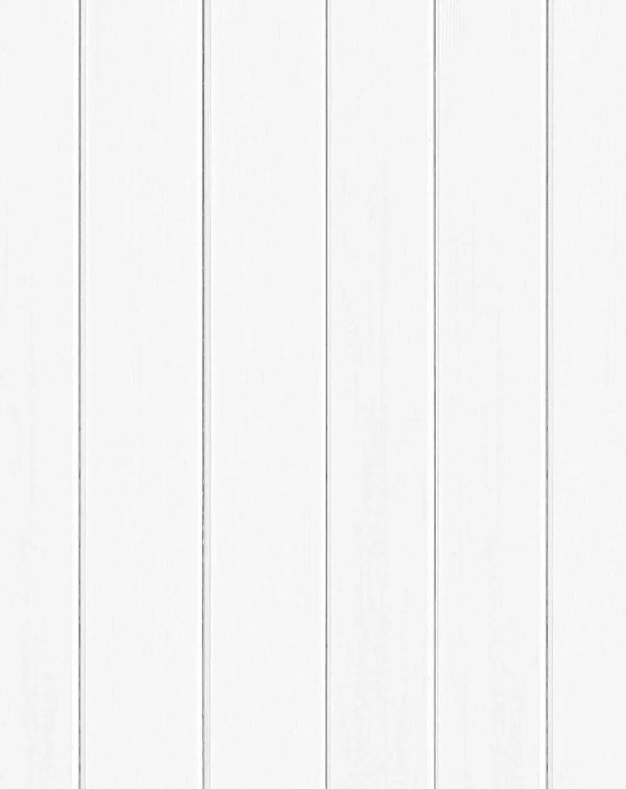 Peel and stick wallpaper featuring a repeating pattern of vertical tongue and groove wood panels in a light grey colour. The design has a subtle wood grain texture and visible panel lines.