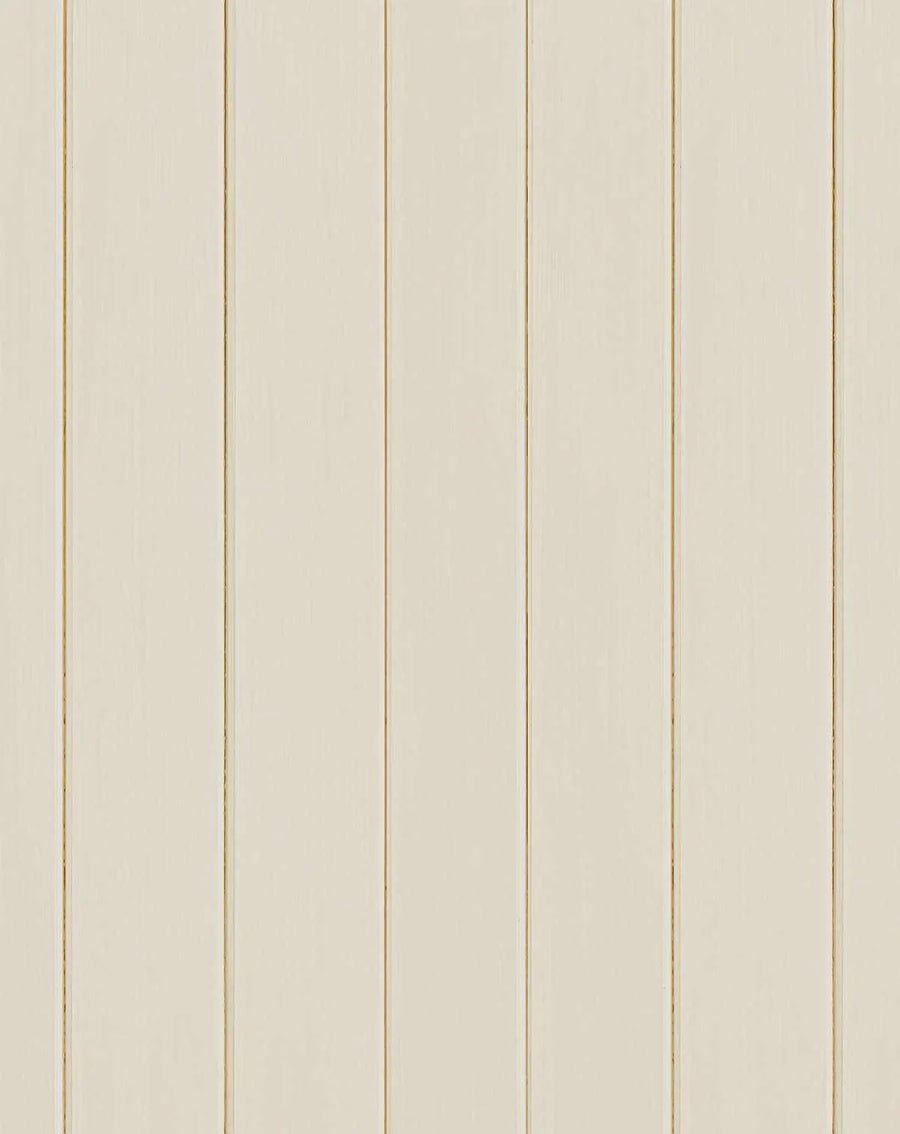 Tongue and groove wood panel wallpaper in taupe. The design features evenly spaced vertical planks in a soft, warm taupe tone with subtle wood grain texture. Thin tan grout lines separate each plank, creating a realistic shiplap or beadboard effect. The finish appears matte with gentle variations in tone that mimic natural wood. The composition is symmetrical and repeating, suitable for full wall coverage.