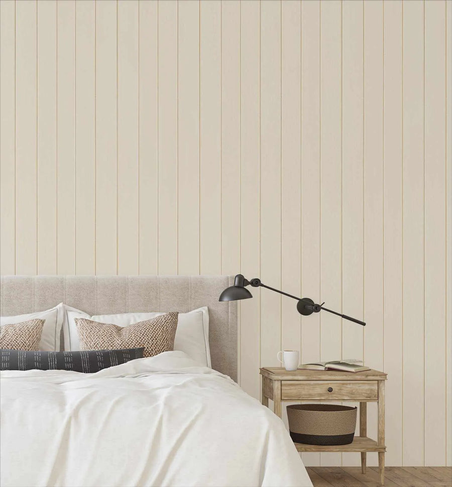 Tongue & Groove Wood Panel Wallpaper | Taupe beige coastal wallpaper