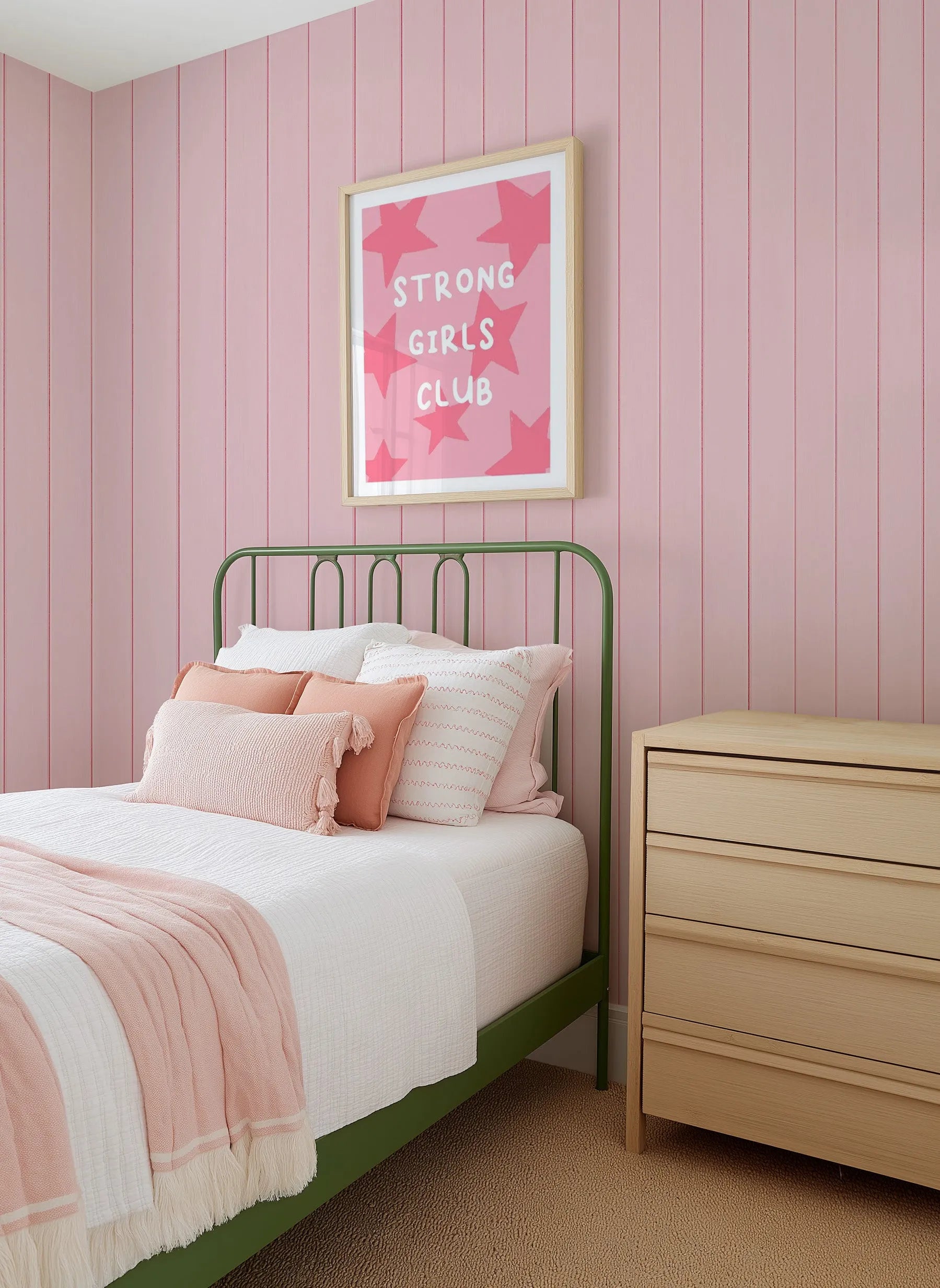 Tongue & Groove Wood Panel Wallpaper | Pretty Pink from Olive et Oriel where you can shop wallpaper and artworks online