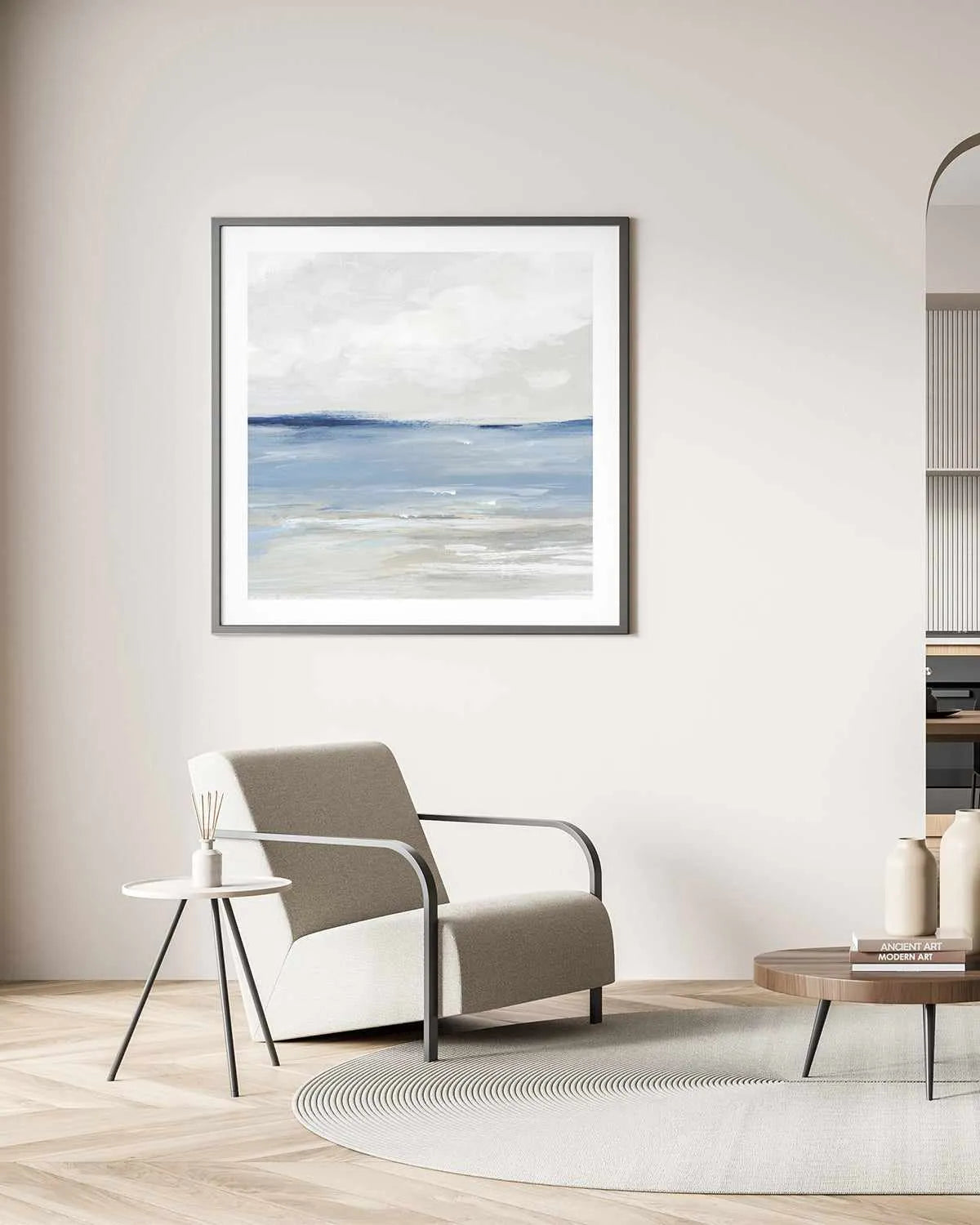 Tranquil Blue Beach Right SQ Art Print from Olive et Oriel where you can shop wallpaper and artworks online