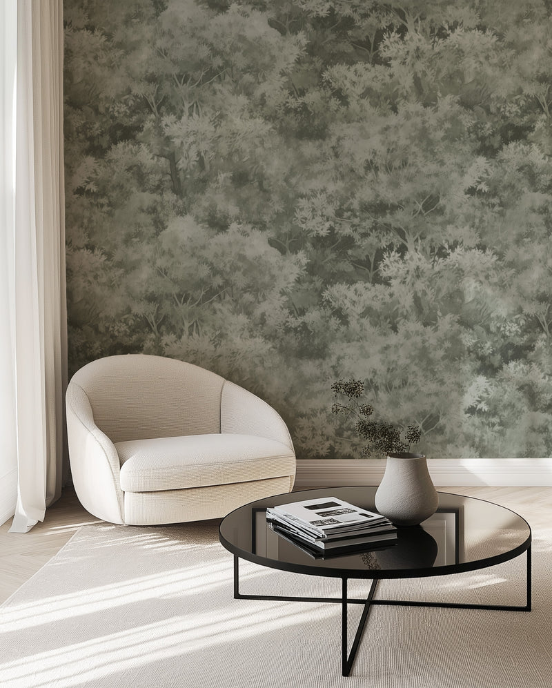 Tranquil Canopy in Deep Sage Green Wallpaper from Olive et Oriel where you can shop wallpaper and artworks online