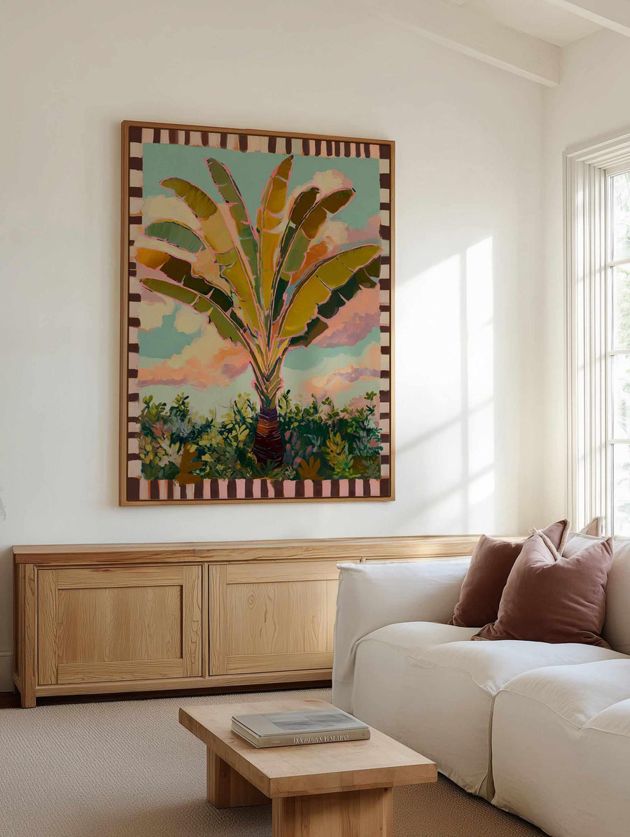 Traveller Palm in Check | Framed Canvas Art Print from Olive et Oriel where you can shop wallpaper and artworks online