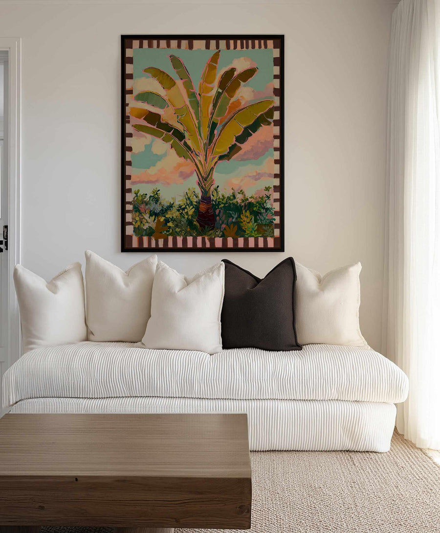 Traveller Palm in Check | Framed Canvas Art Print from Olive et Oriel where you can shop wallpaper and artworks online