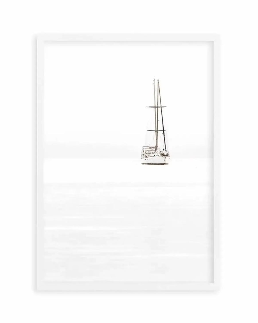 Trawlor art print in white frame — minimalist white sailboat on near-white sky and calm sea, no border