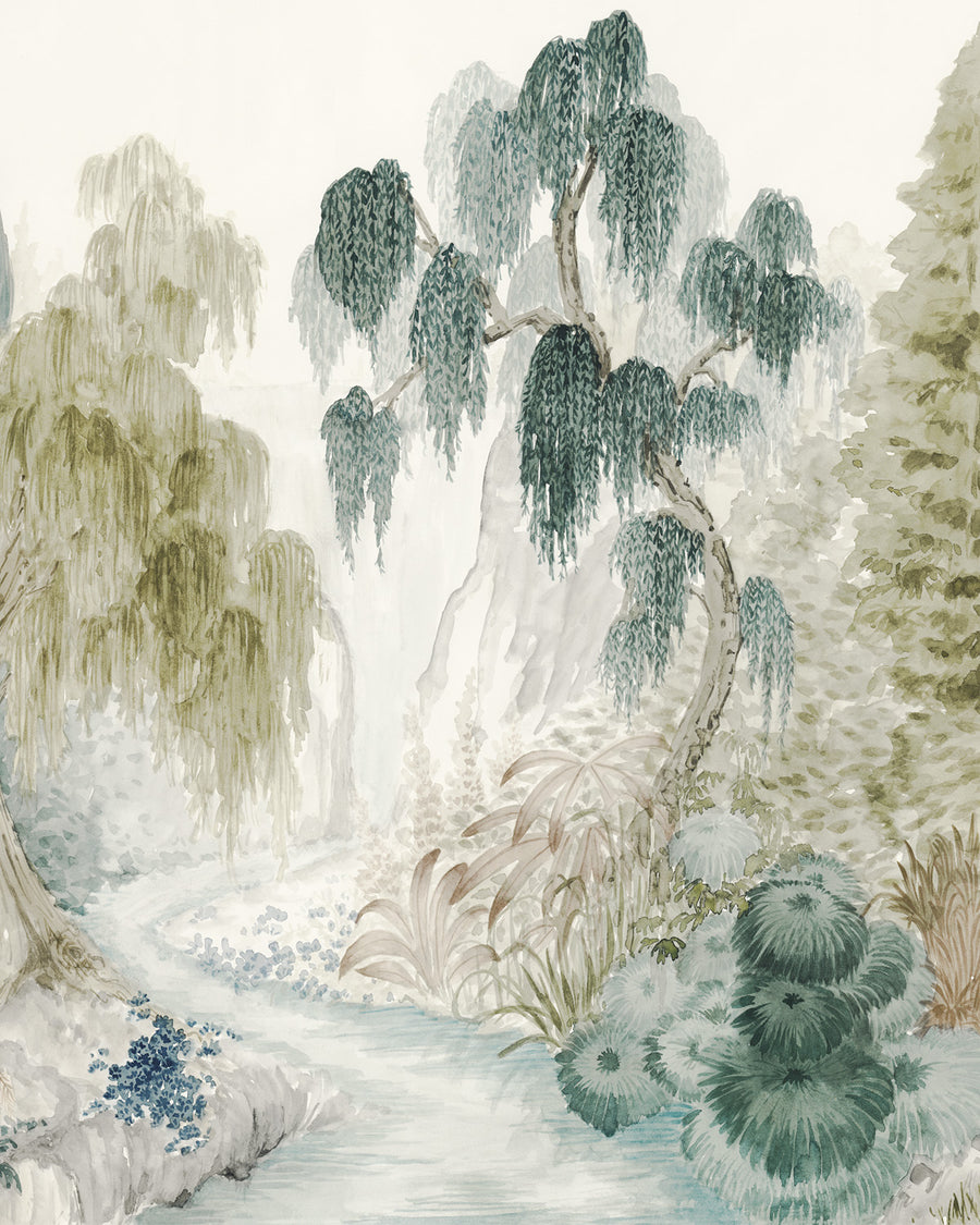 Japandi Garden Panoramic Painted Mural Wallpaper from Olive et Oriel where you can shop wallpaper and artworks online