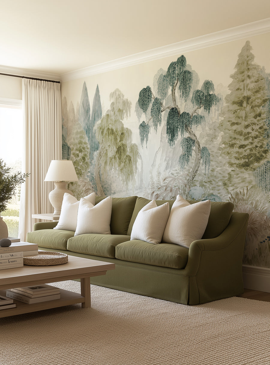 Japandi Garden Panoramic Painted Mural Wallpaper from Olive et Oriel where you can shop wallpaper and artworks online