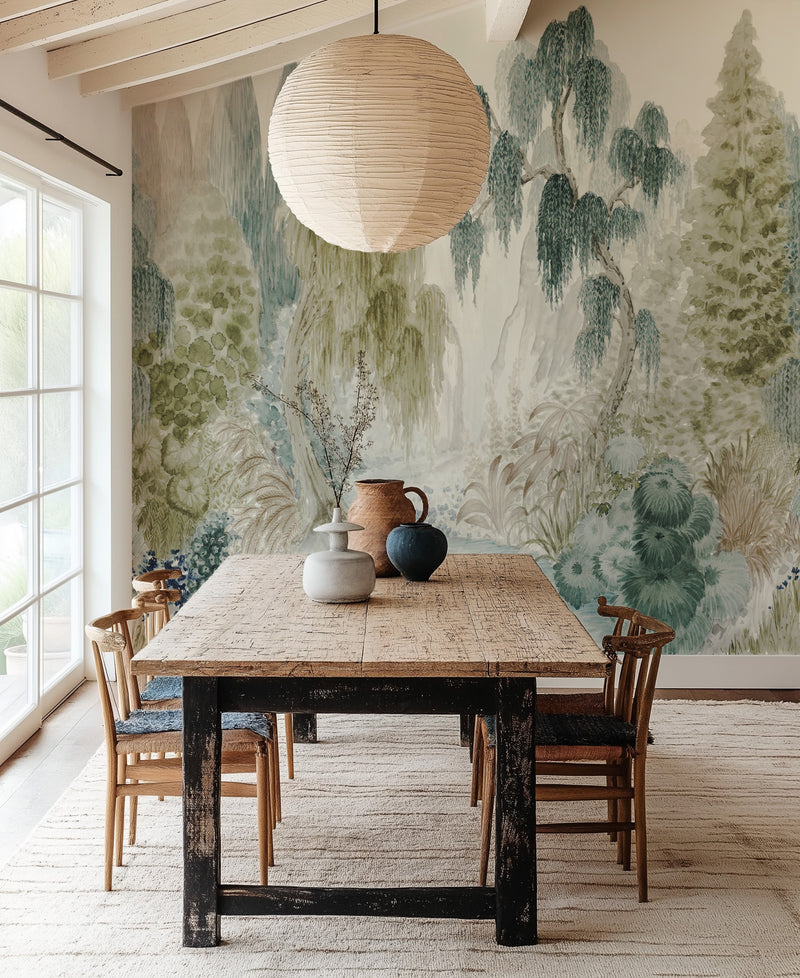Japandi Garden Panoramic Painted Mural Wallpaper from Olive et Oriel where you can shop wallpaper and artworks online