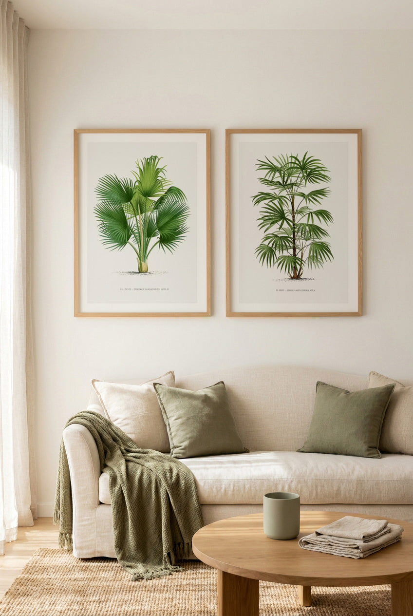 Thrinax Barbadensis & Rhapis Flabelliformis Vintage Palm Poster Art Print Set of 2 | Matching Wall Art