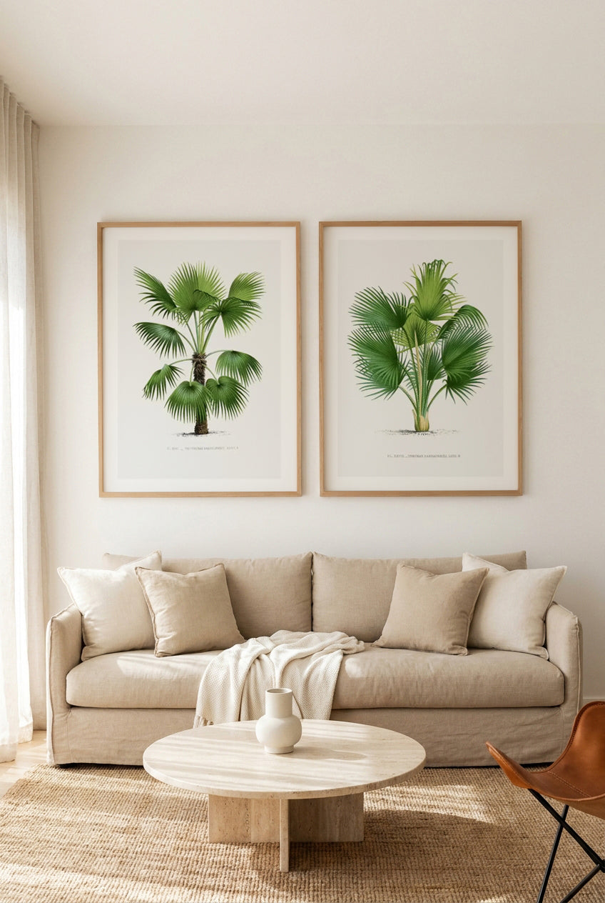 Trithrinax Brasiliensis & Thrinax Barbadensis Vintage Palm Poster Art Print Set of 2 | Matching Wall Art