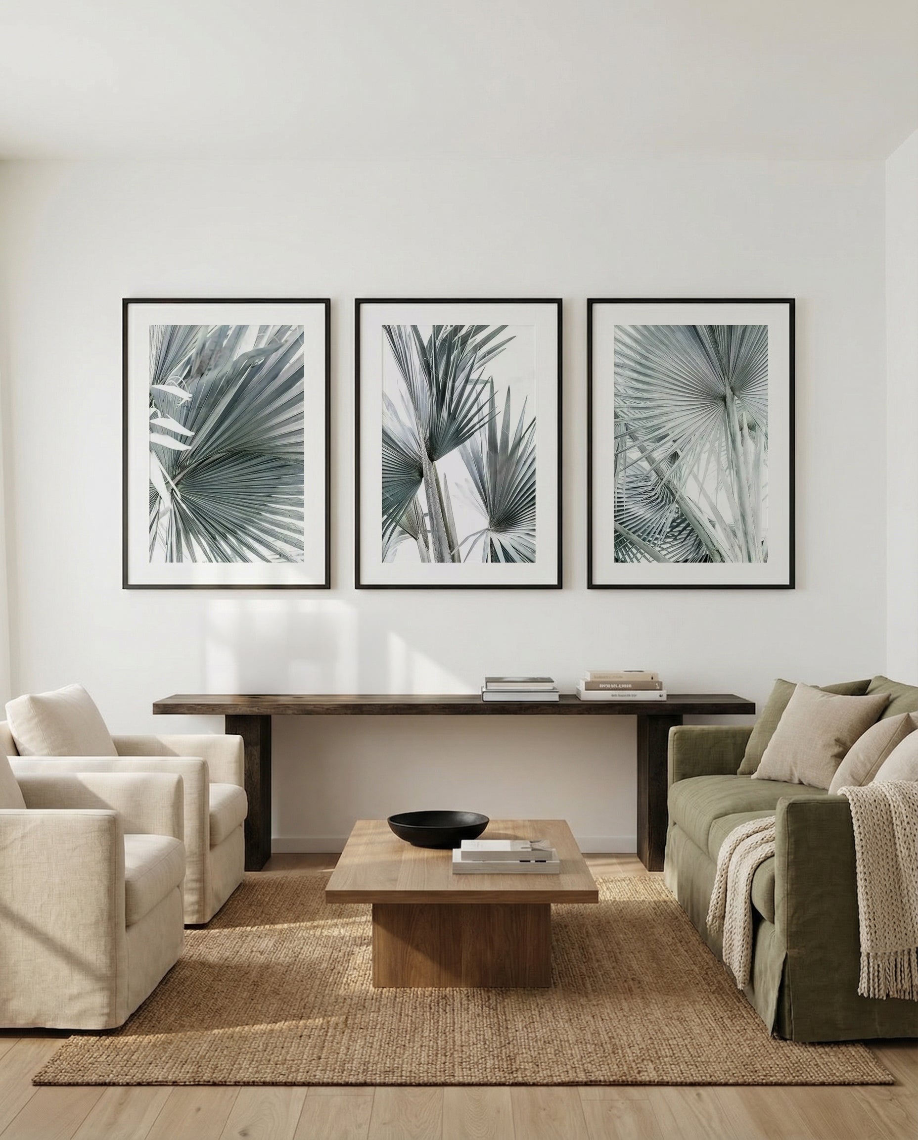 Tropical Palm I, II & III | 3 Piece Wall Art Set in Green and White art print oak frame with white border