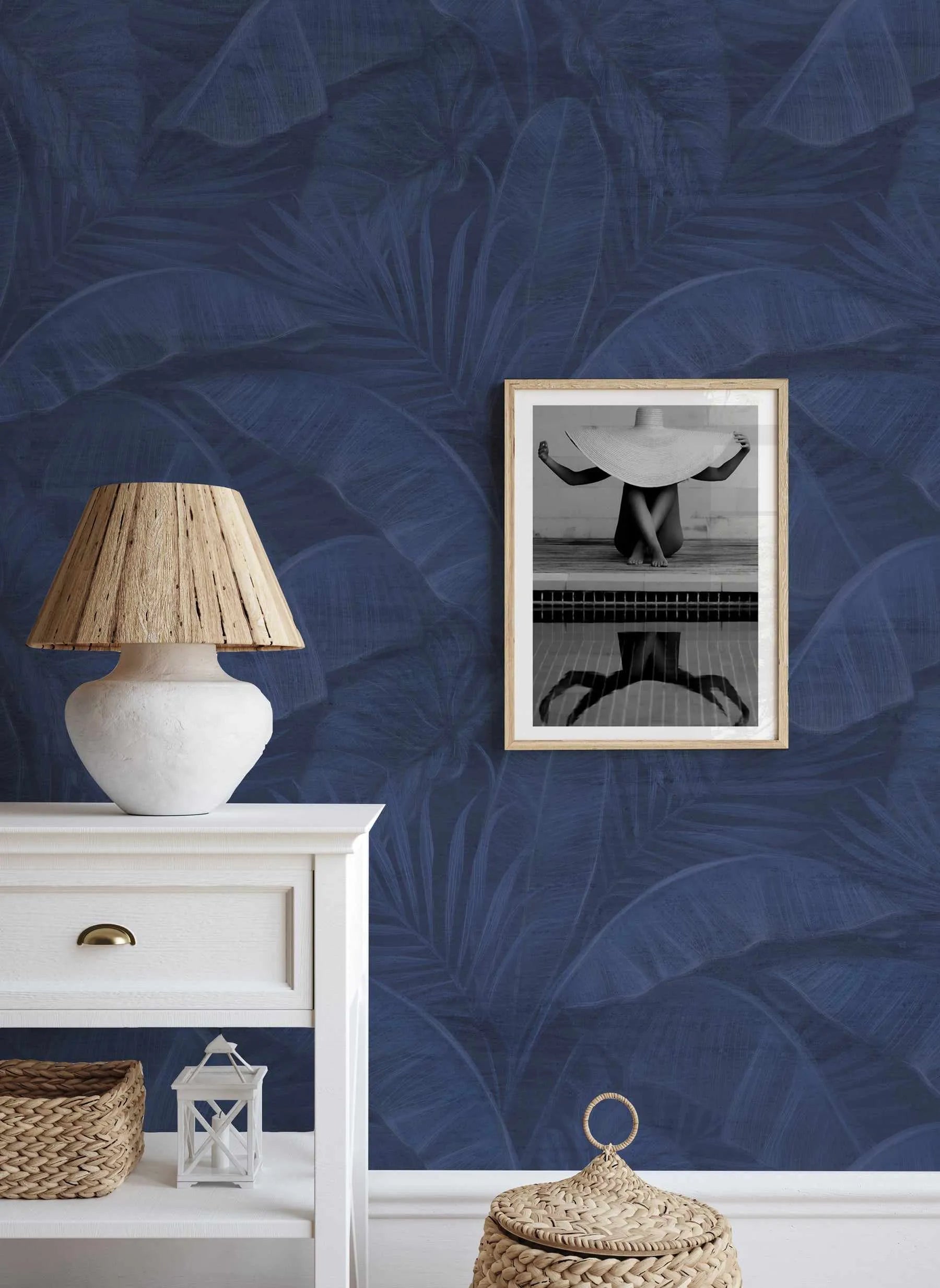 Tropics In Navy Wallpaper from Olive et Oriel where you can shop wallpaper and artworks online