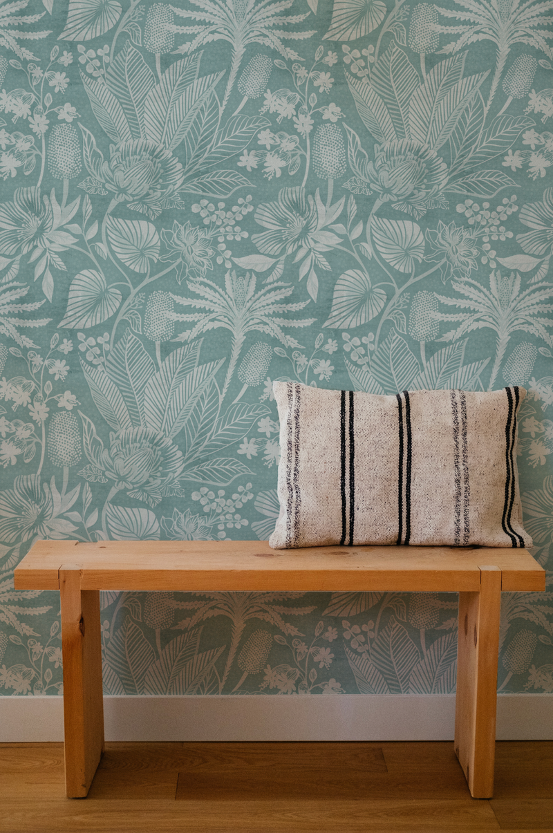 Tropics Florals Teal Blue Wallpaper from Olive et Oriel where you can shop wallpaper and artworks online