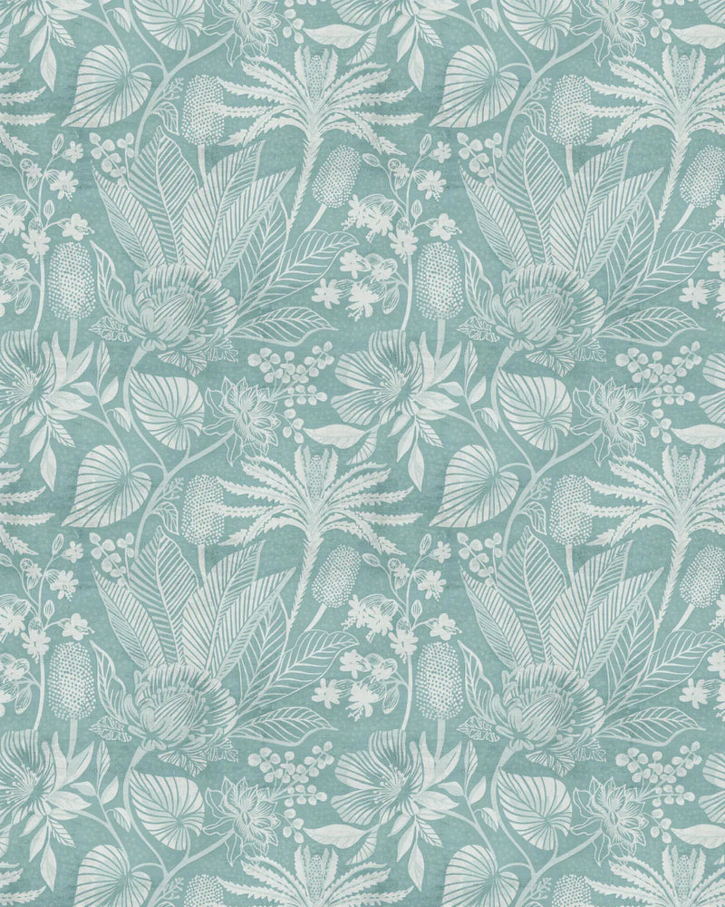 Tropics Florals Teal Blue Wallpaper from Olive et Oriel where you can shop wallpaper and artworks online