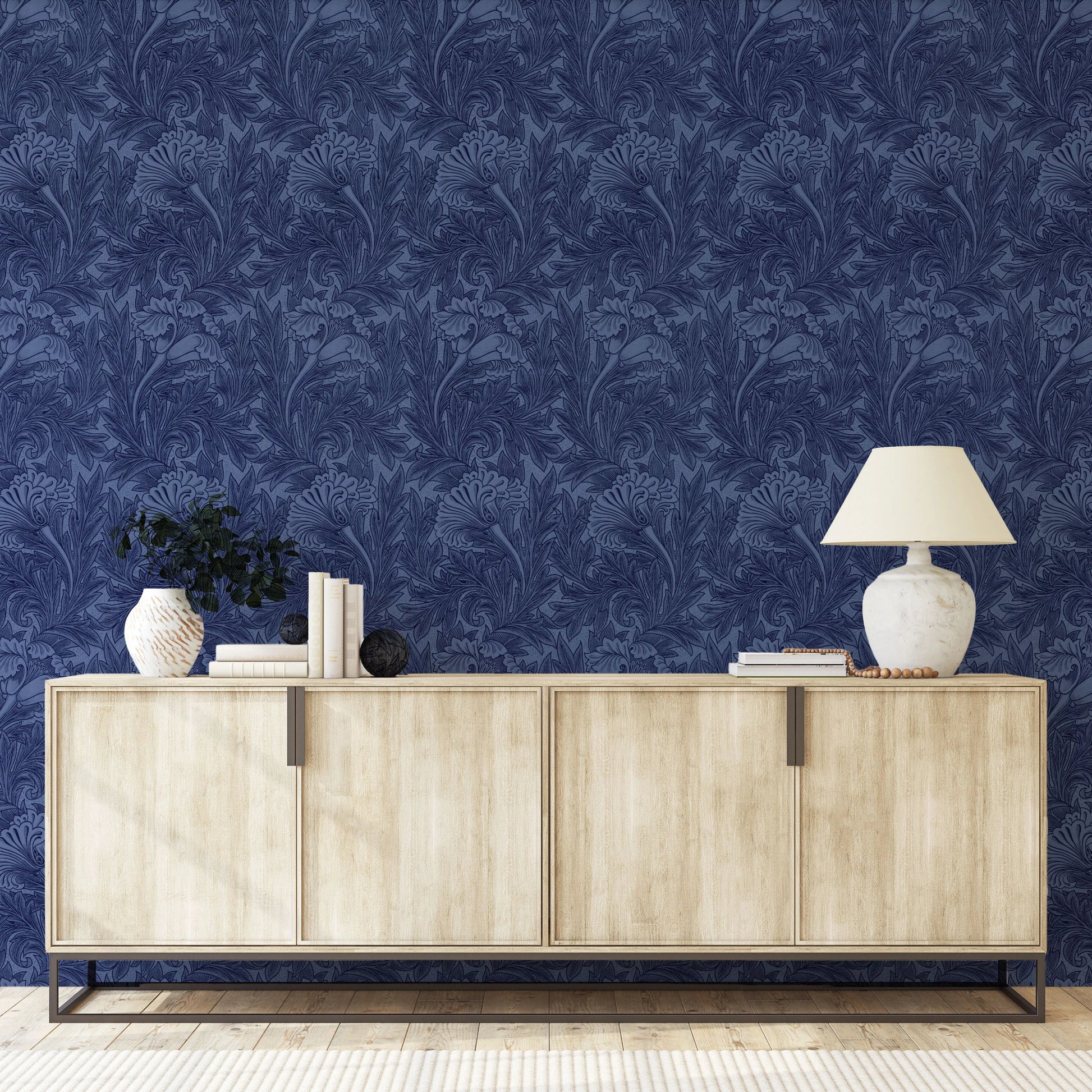 Tulip in Light Navy Blue by William Morris Wallpaper from Olive et Oriel where you can shop wallpaper and artworks online