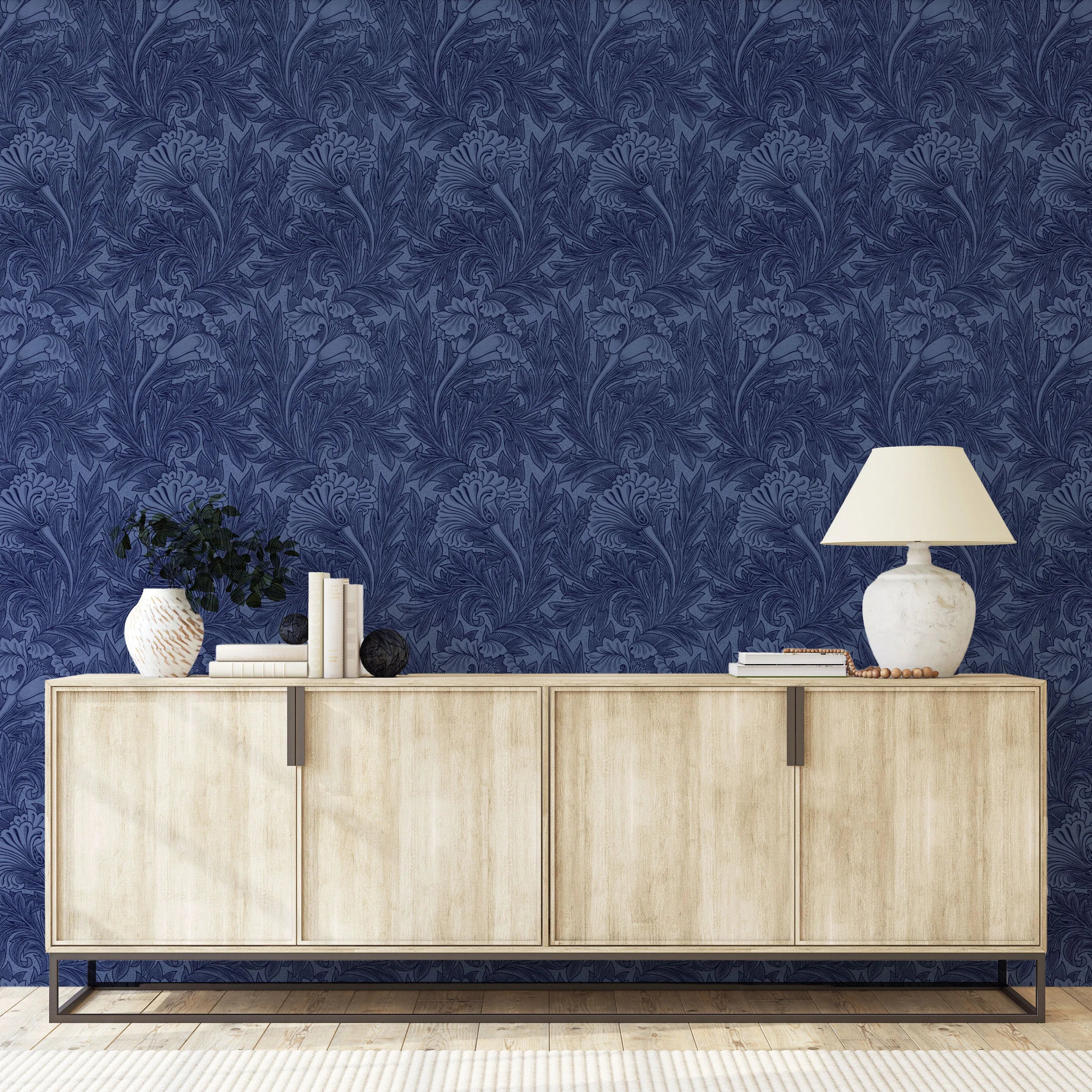 Tulip in Light Navy Blue by William Morris Wallpaper from Olive et Oriel where you can shop wallpaper and artworks online