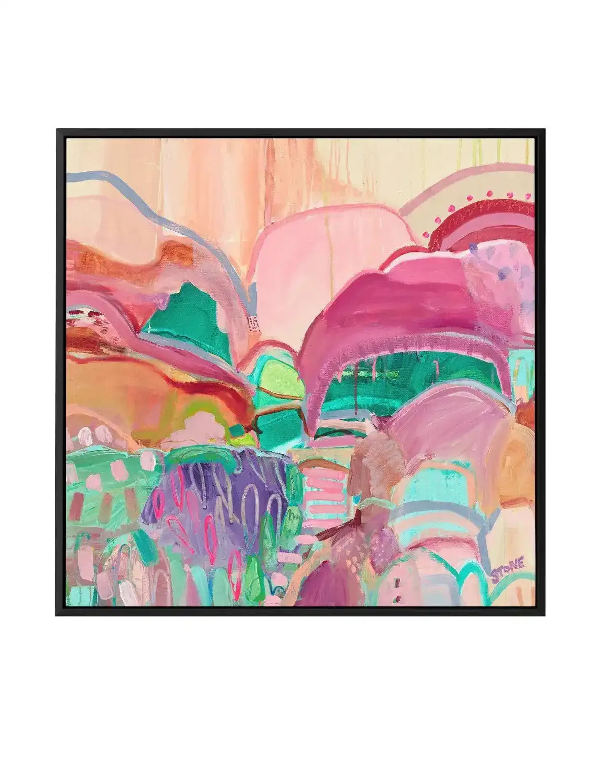 Abstract canvas print featuring vibrant, expressive brushstrokes in shades of fuchsia, blush pink, teal, and lime green, with hints of purple and orange, creating a dynamic landscape of rolling hills and organic shapes. The artwork is presented in a sleek black frame.