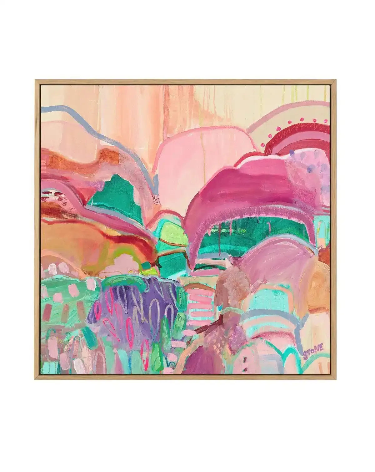 Abstract canvas print featuring a vibrant landscape of rolling hills and valleys in a palette of pink, magenta, teal, and lime green, with visible brushstroke texture and a light cream sky, displayed in a natural oak frame.
