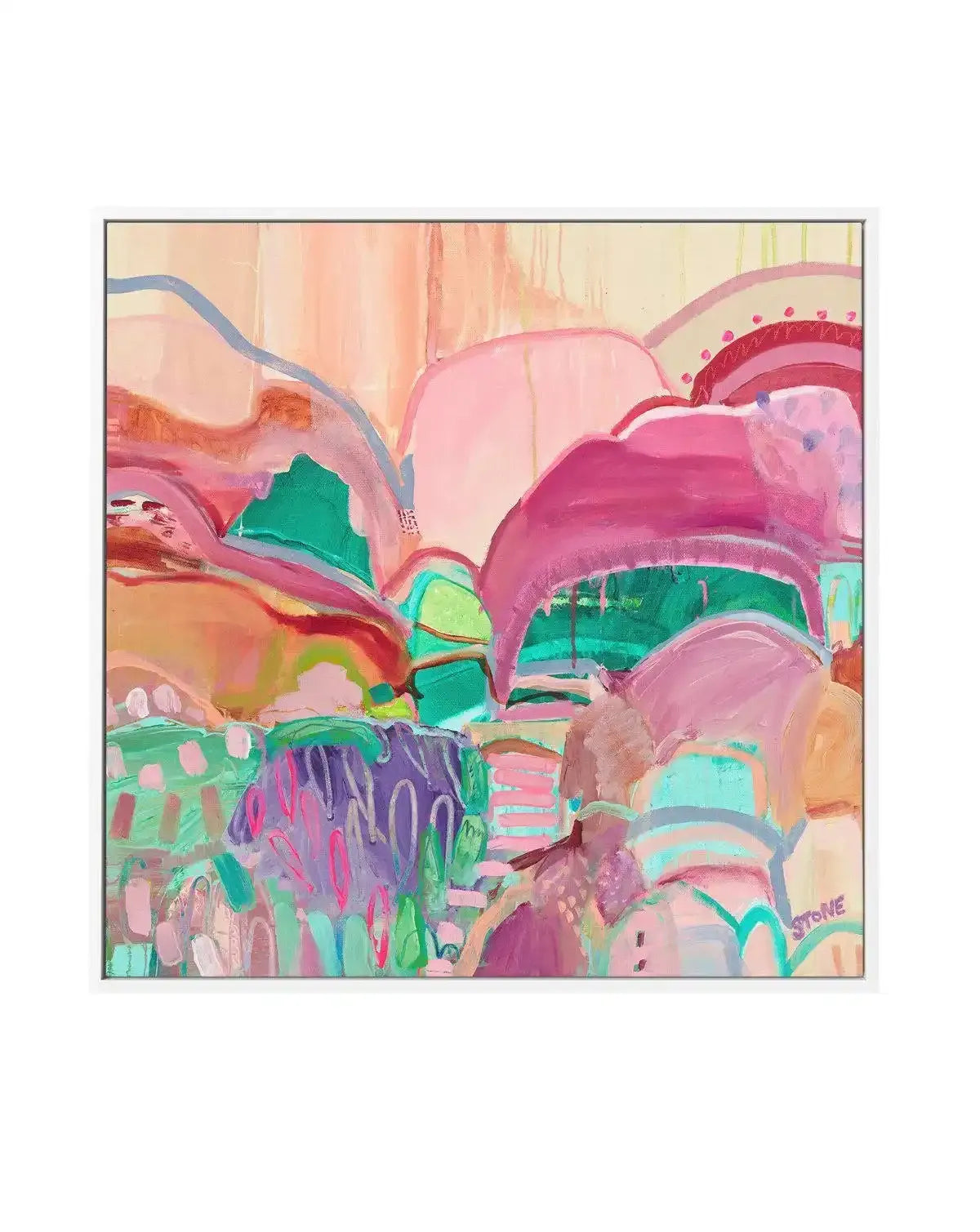 Abstract canvas print featuring a vibrant landscape of rolling hills and organic shapes in shades of pink, fuchsia, teal, and lime green, with visible brushstroke texture and a light cream background, displayed in a white frame.