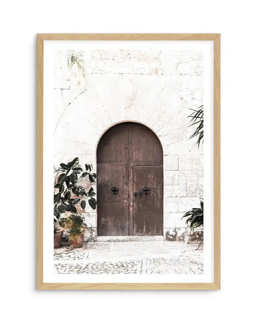 Framed photograph of an arched rustic wooden door set into a white stone wall, with natural wood frame and white border. The door features two dark metal ring handles and is flanked by potted green plants on a cobbled stone ground.