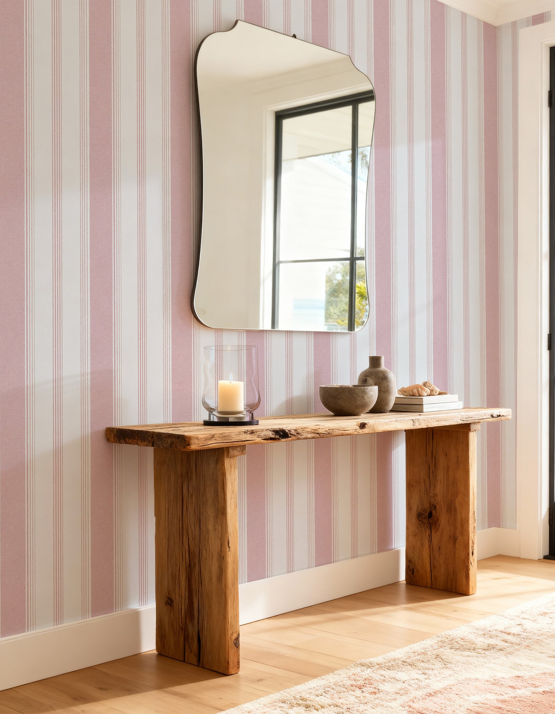 Tuscany Stripe in Rose Pink Wallpaper from Olive et Oriel where you can shop wallpaper and artworks online