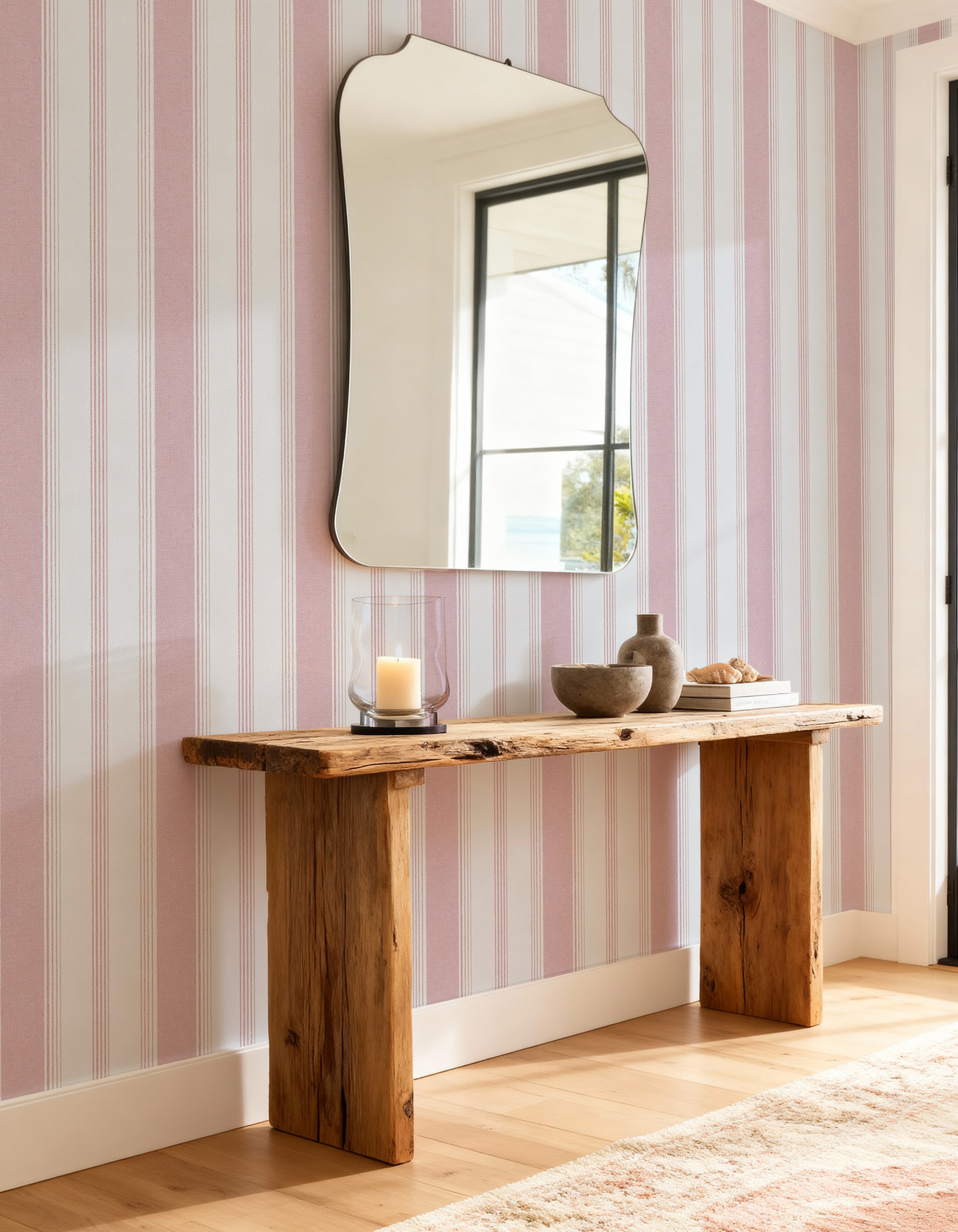 Tuscany Stripe in Rose Pink Wallpaper from Olive et Oriel where you can shop wallpaper and artworks online