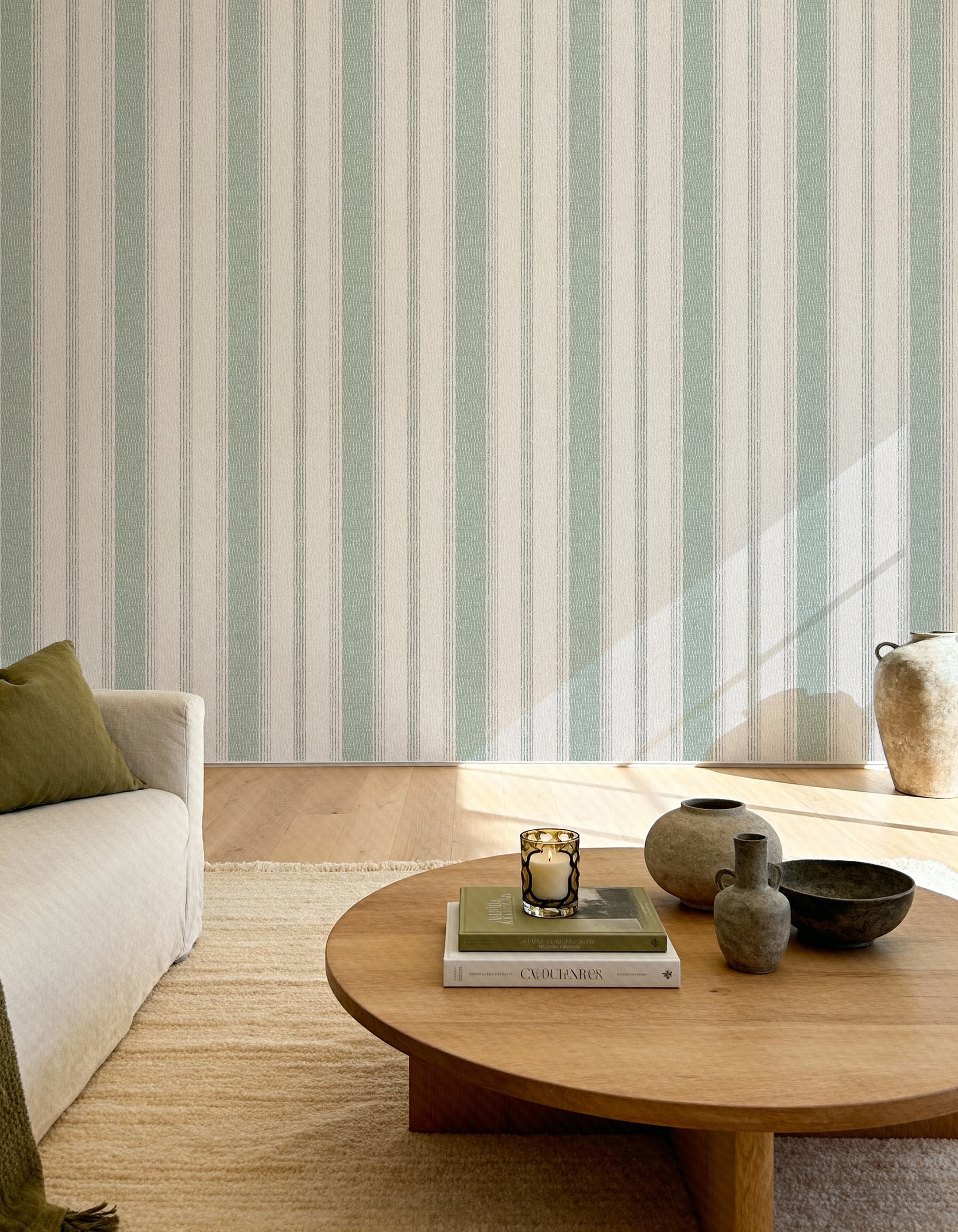 Tuscany Stripe in Sage Green Wallpaper from Olive et Oriel where you can shop wallpaper and artworks online