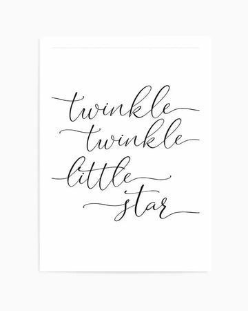 Art print featuring the nursery rhyme text "twinkle twinkle little star" written in flowing, connected script lettering. The text is rendered in black ink on a white background with subtle decorative underlines beneath each line. The composition is centered on the page with elegant, hand-lettered calligraphy style. The print is mounted in a white frame with a thin grey border visible at the edges.