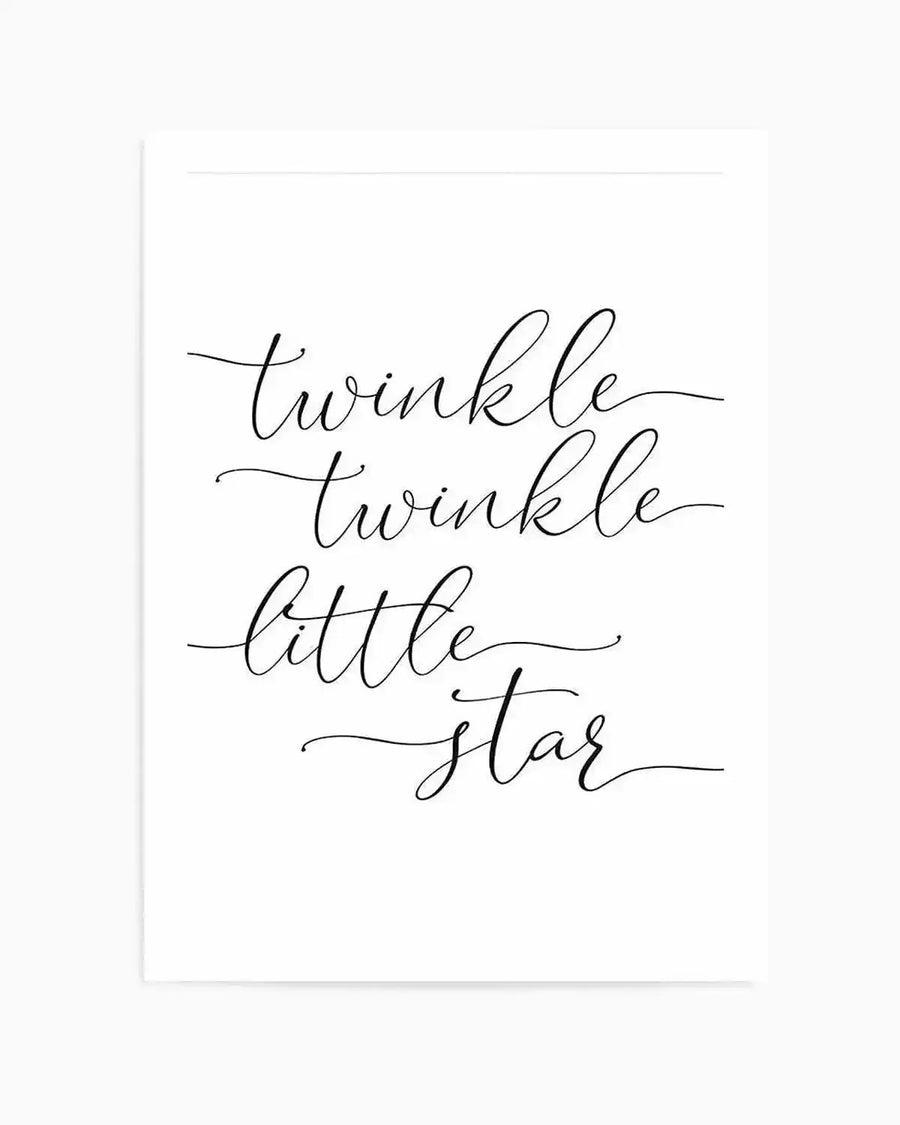 Art print featuring the nursery rhyme text "twinkle twinkle little star" written in flowing, connected script lettering. The text is rendered in black ink on a white background with subtle decorative underlines beneath each line. The composition is centered on the page with elegant, hand-lettered calligraphy style. The print is mounted in a white frame with a thin grey border visible at the edges.