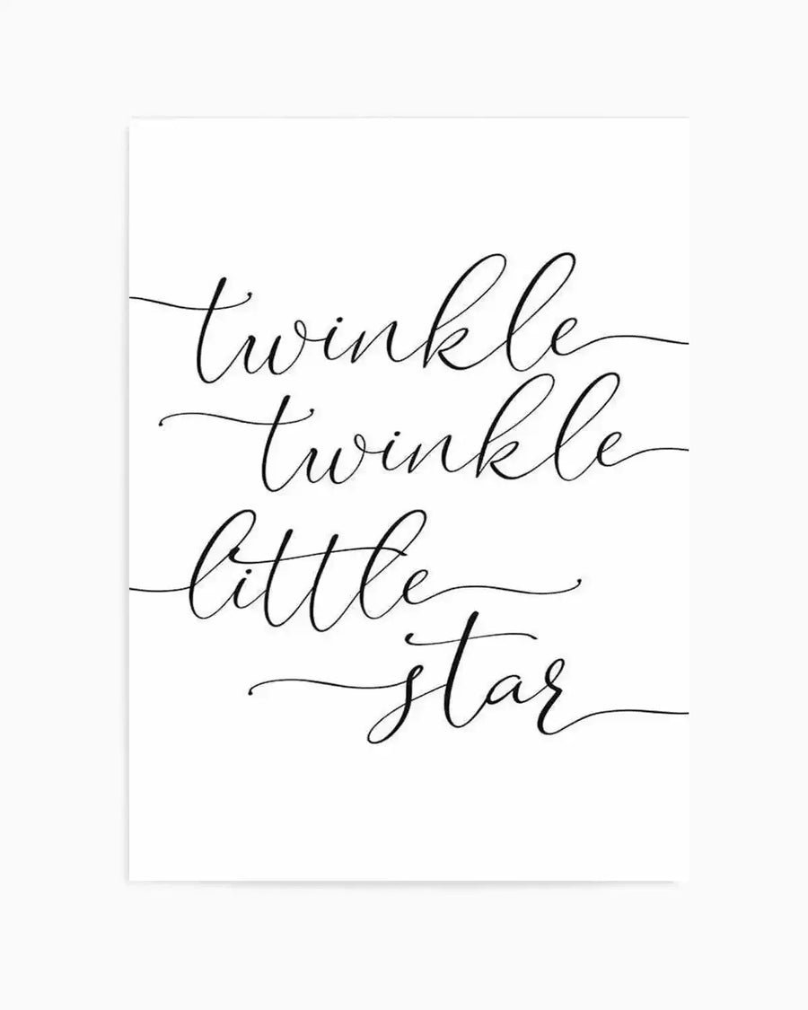 Art print featuring the nursery rhyme text "twinkle twinkle little star" written in elegant, flowing cursive script. The text is rendered in black ink on a white background, with each line of the phrase positioned separately across the composition. The handwritten style has delicate, connected letterforms with graceful ascending and descending strokes. The overall design has a minimalist, contemporary aesthetic suitable for nursery or children's room décor.