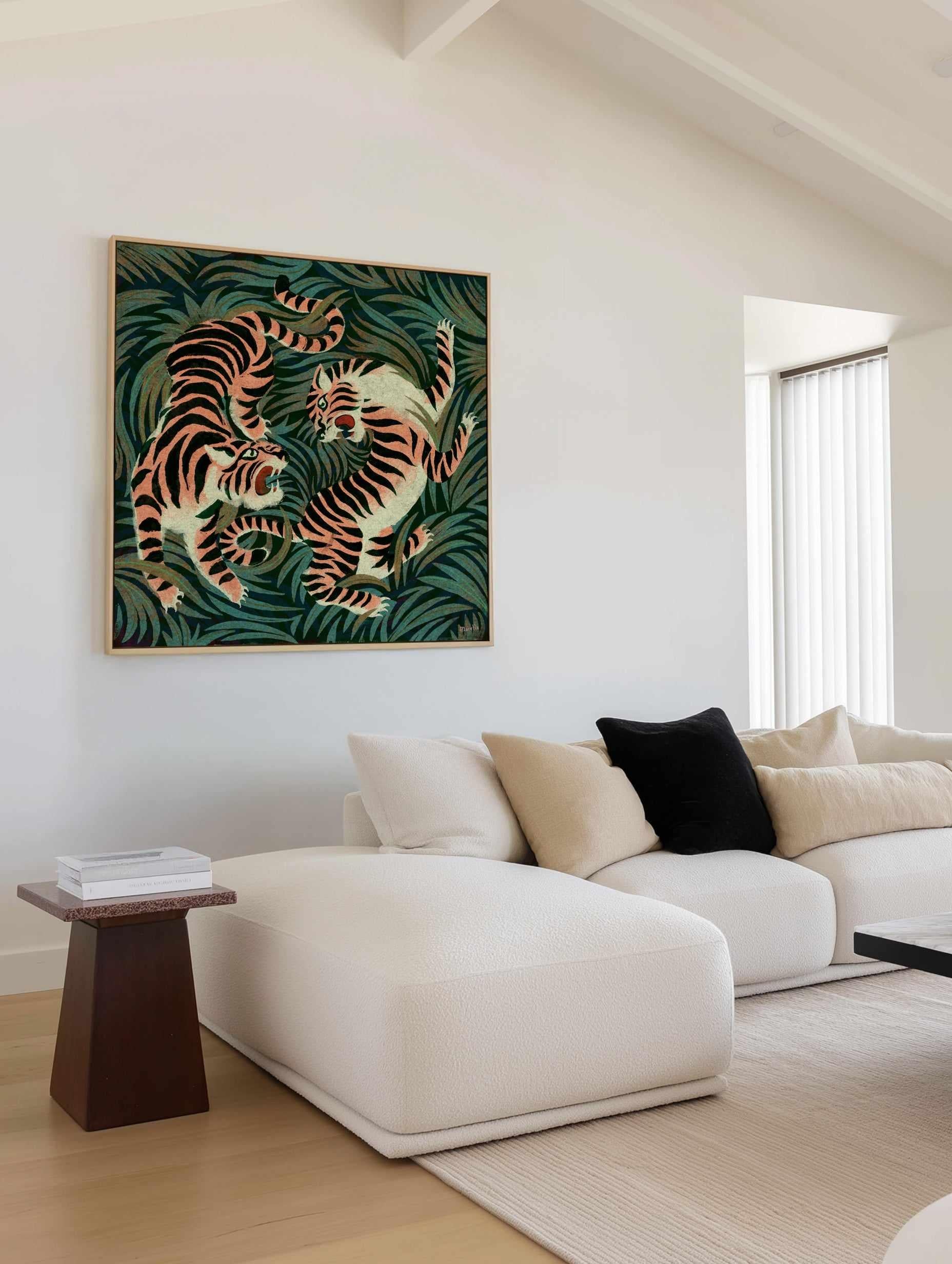 Two Tigers by Marco Marella | Framed Canvas Art Print from Olive et Oriel where you can shop wallpaper and artworks online