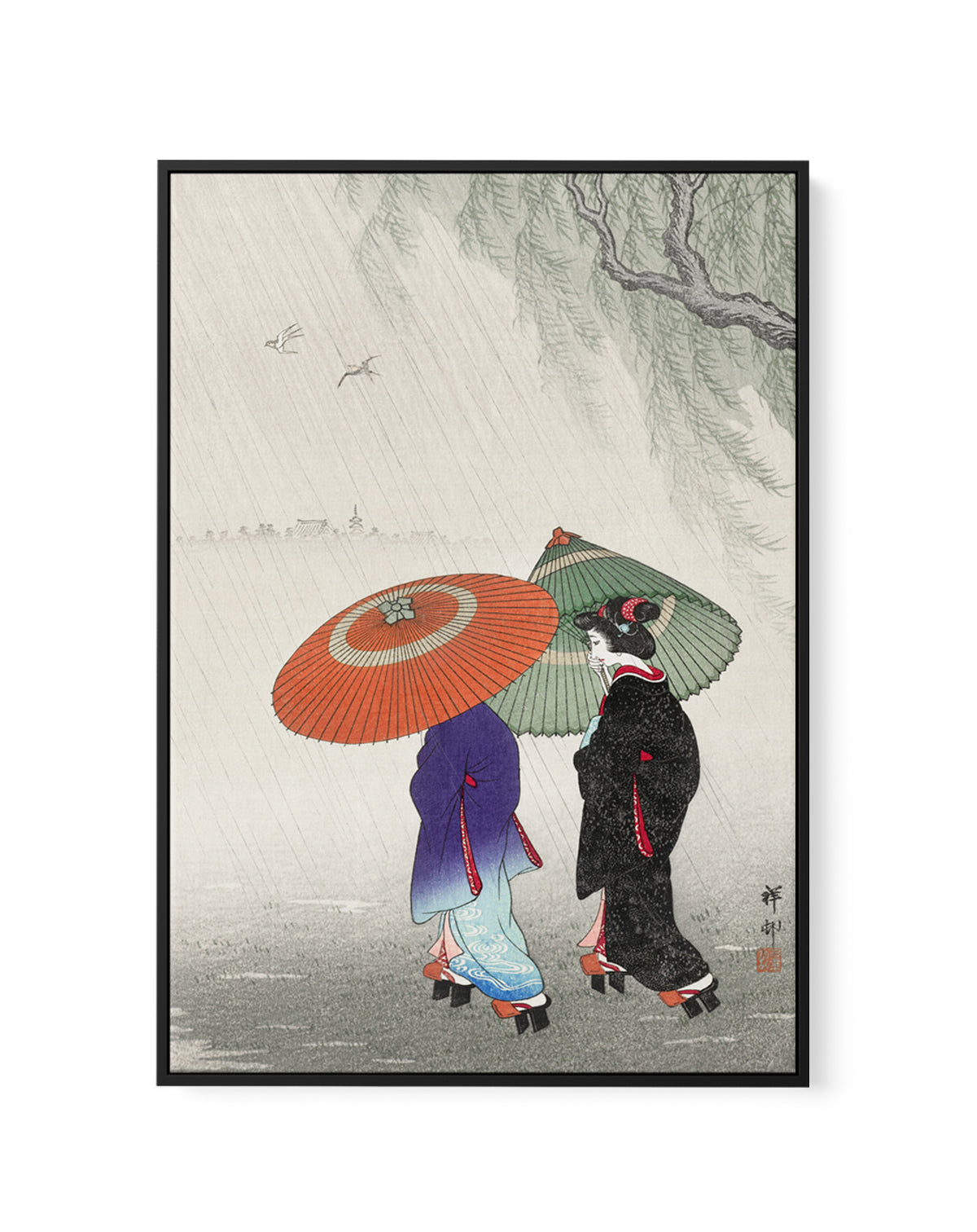 Two Women In The Rain | Framed Canvas Art Print