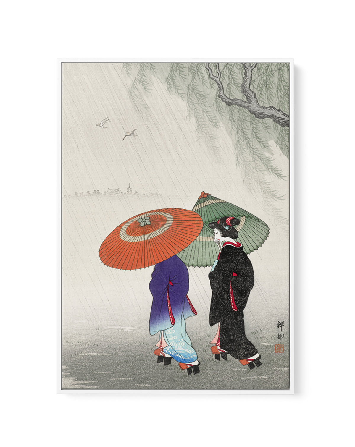 Two Women In The Rain | Framed Canvas Art Print
