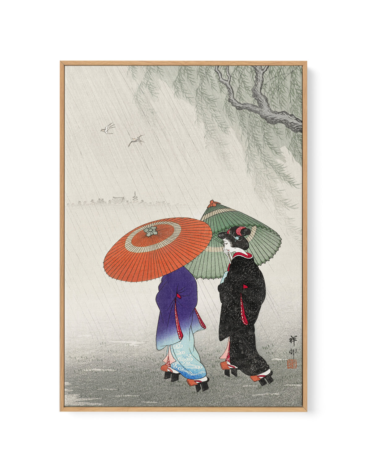 Two Women In The Rain | Framed Canvas Art Print