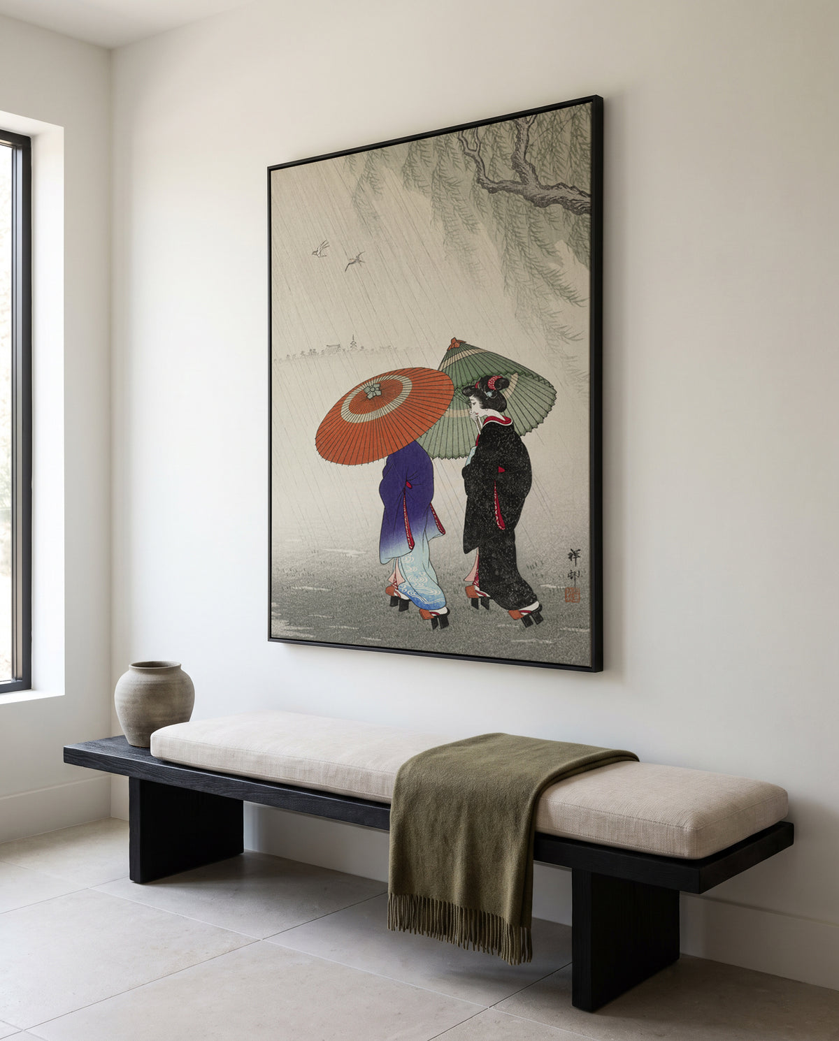 Two Women In The Rain | Framed Canvas Art Print