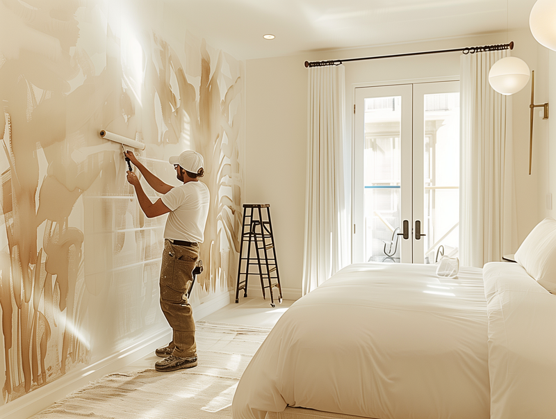 Commercial wallpaper installer, installing a beige vinyl wallcovering into hotel room
