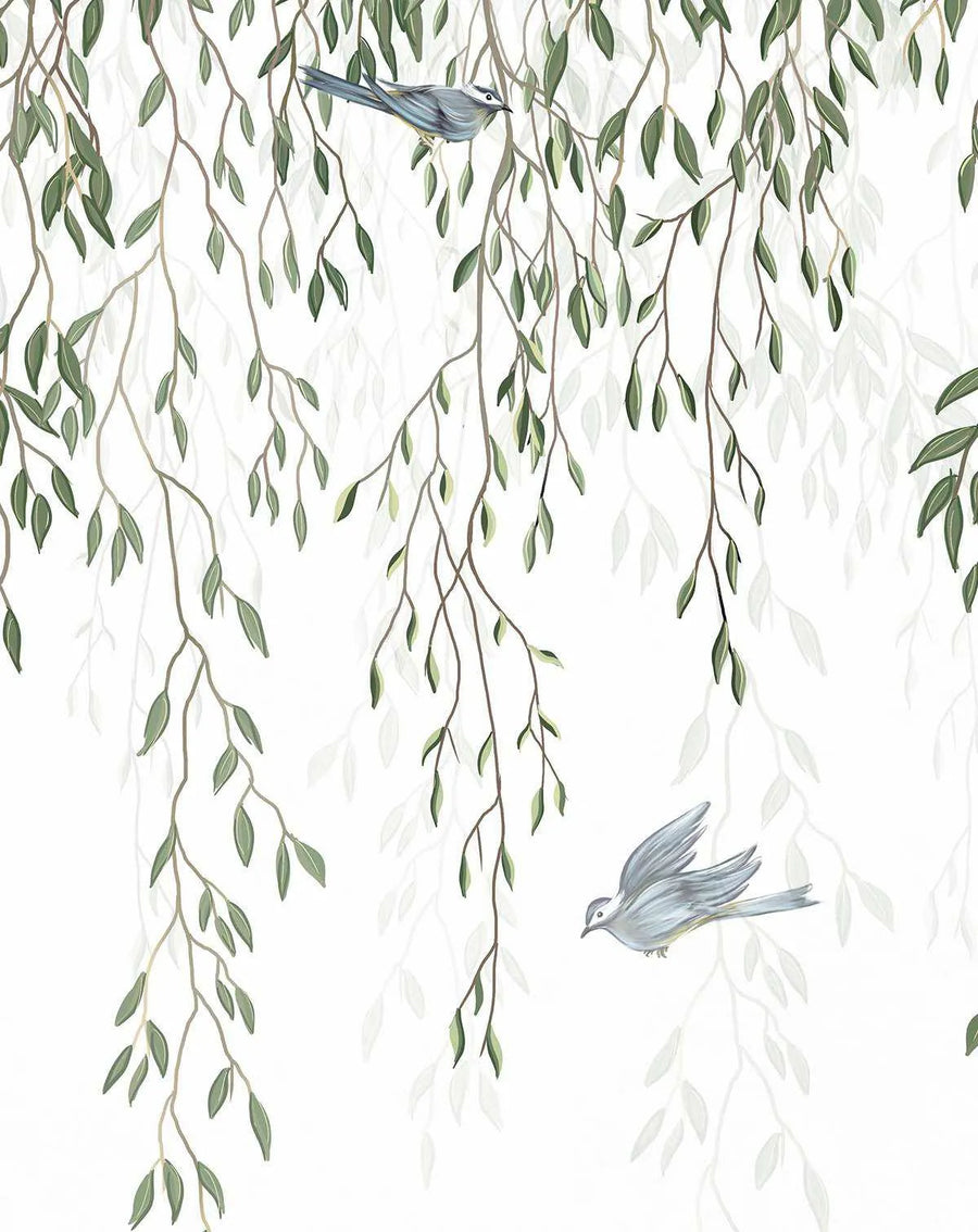 Peel and stick wallpaper featuring a hand-painted illustration of delicate willow branches with small green leaves hanging from the top of the frame, with two light blue and grey birds in flight. The background features faint, ghosted willow branches, creating depth.