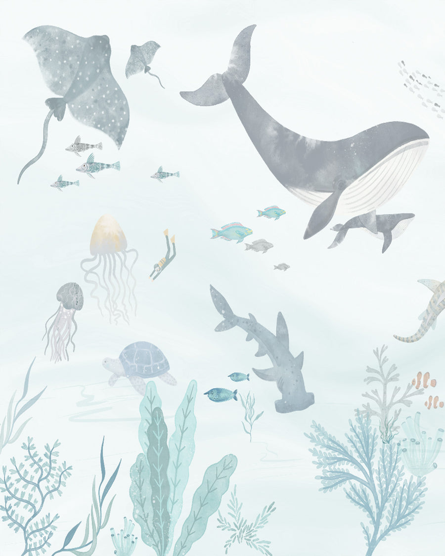 Under the Sea Mural in Blue & Grey Commercial Vinyl Wallcovering from Olive et Oriel where you can shop wallpaper and artworks online