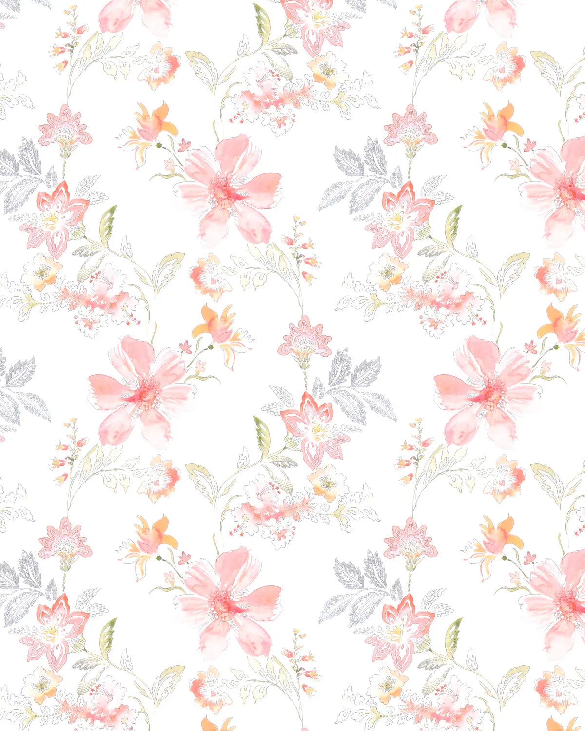 Little Boho Flowers in Soft Orange & Pink Wallpaper from Olive et Oriel where you can shop wallpaper and artworks online