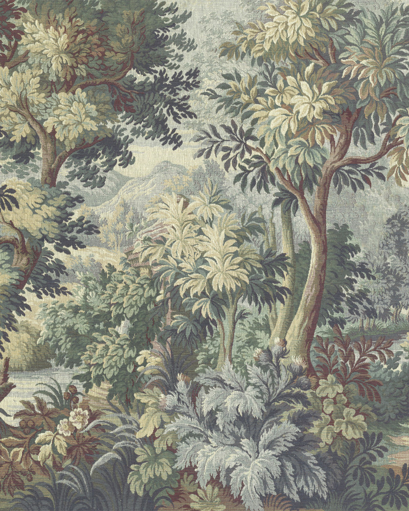 Vintage Tapestry Panoramic Mural in Sage Green Wallpaper from Olive et Oriel where you can shop wallpaper and artworks online